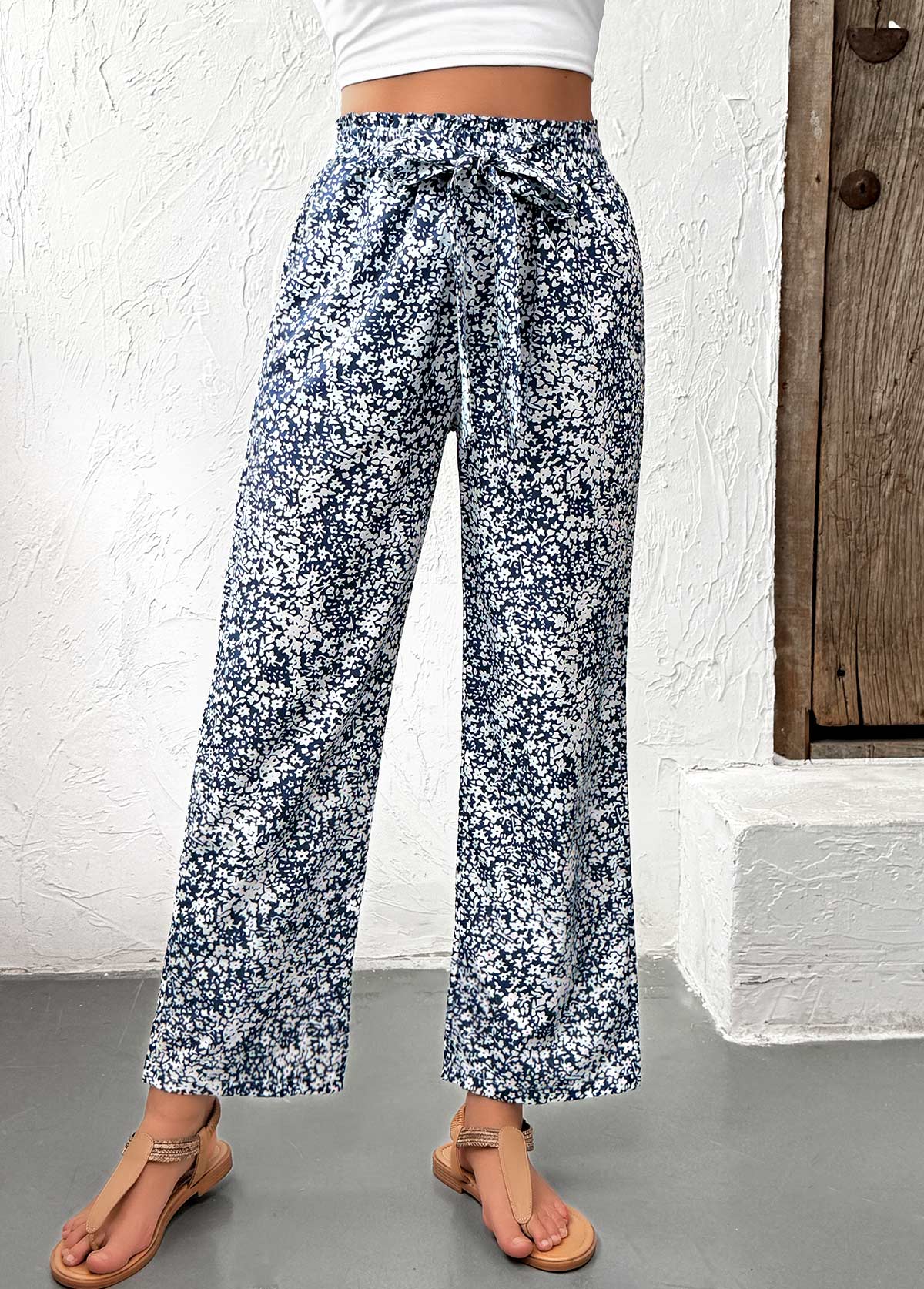 Light Blue bottoms,Ditsy Floral bottoms,Ditsy Floral Print Light Blue Straight Leg Pants