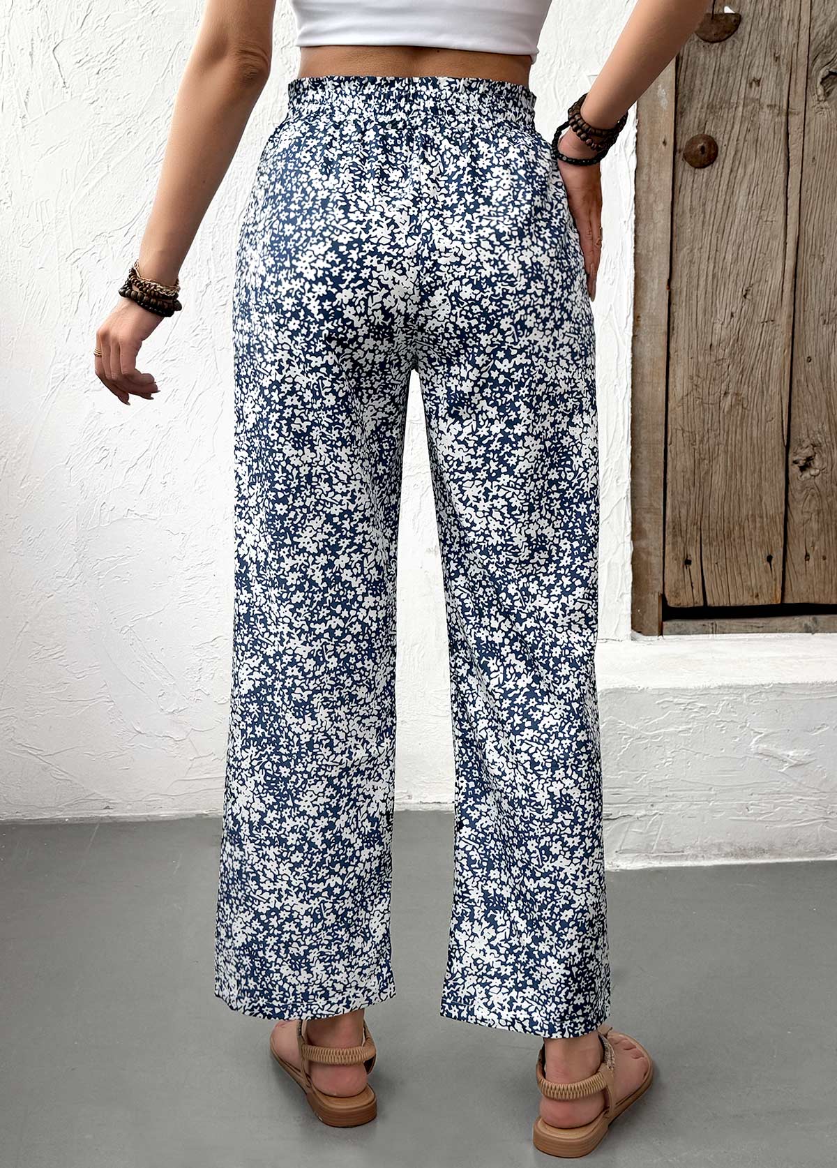 Light Blue bottoms,Ditsy Floral bottoms,Ditsy Floral Print Light Blue Straight Leg Pants