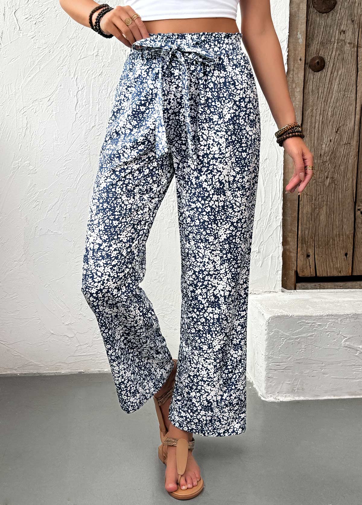 Light Blue bottoms,Ditsy Floral bottoms,Ditsy Floral Print Light Blue Straight Leg Pants