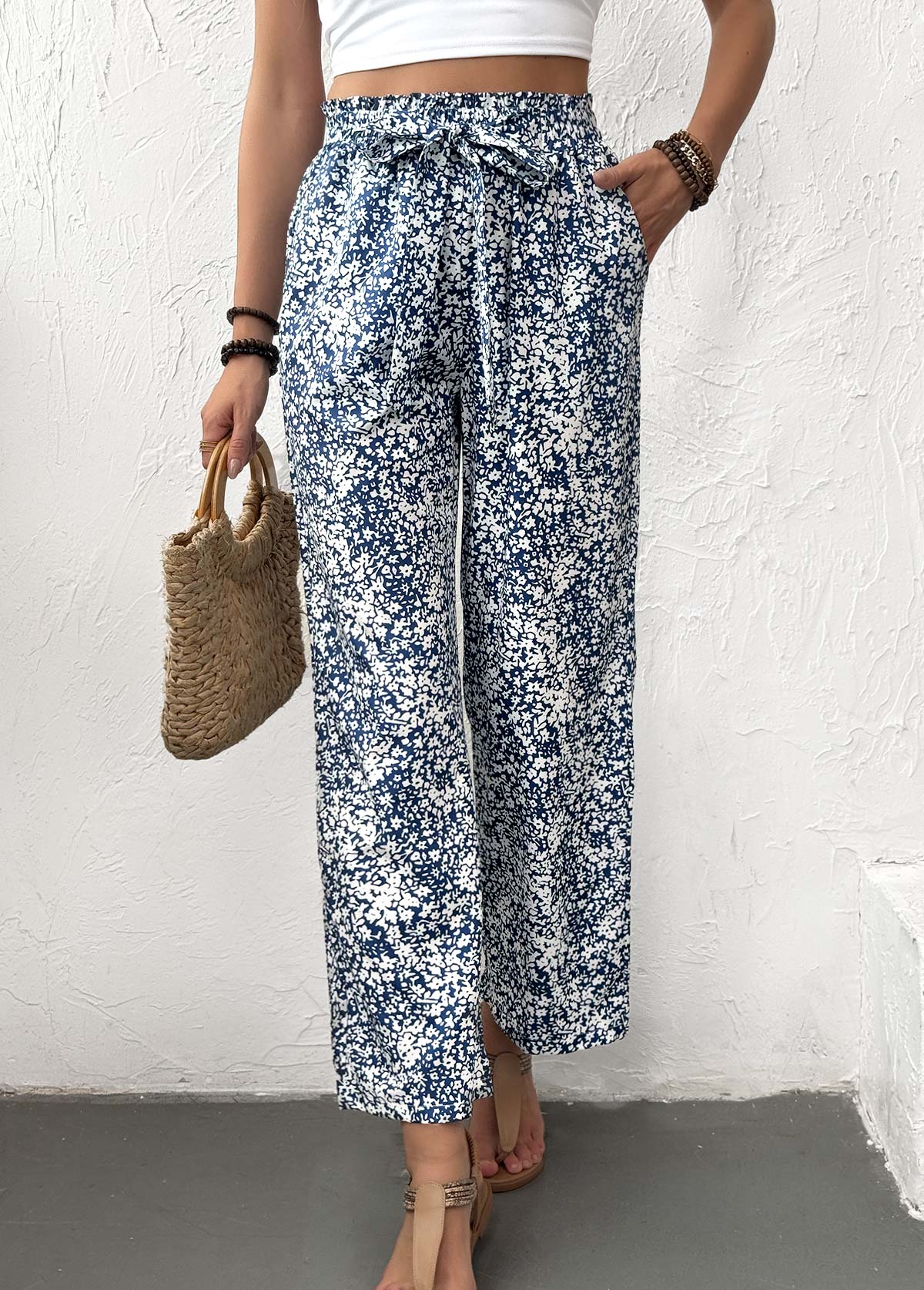 Light Blue bottoms,Ditsy Floral bottoms,Ditsy Floral Print Light Blue Straight Leg Pants