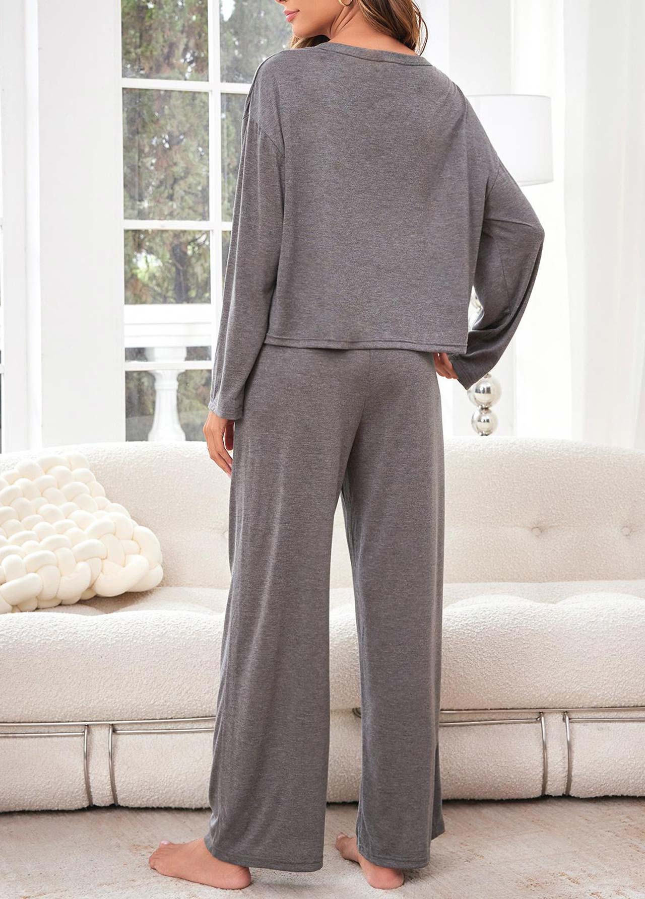 Grey loungewear,Plain Color loungewear,Grey Round Neck Long Sleeve Lounge Top and Pants