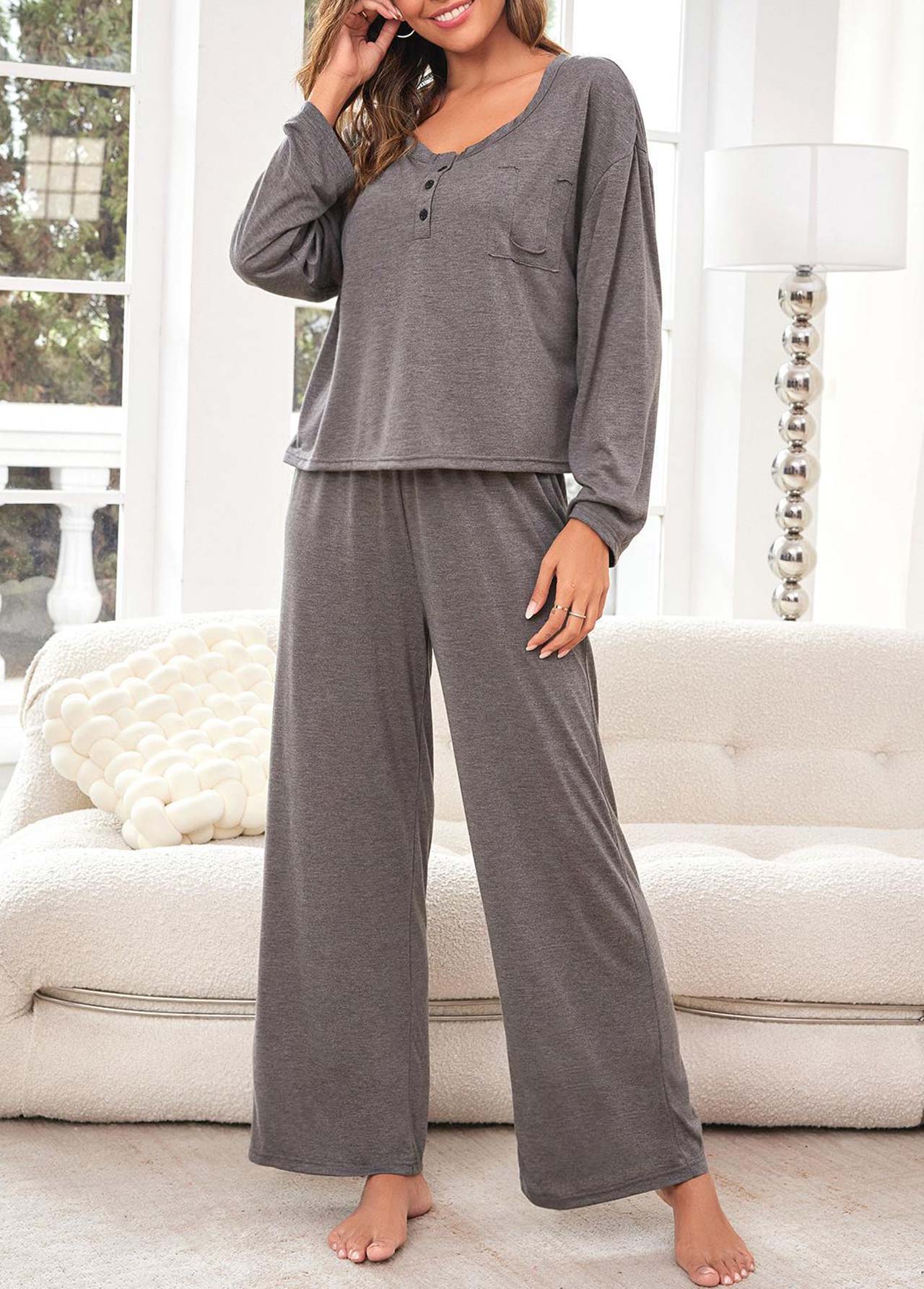 Grey loungewear,Plain Color loungewear,Grey Round Neck Long Sleeve Lounge Top and Pants