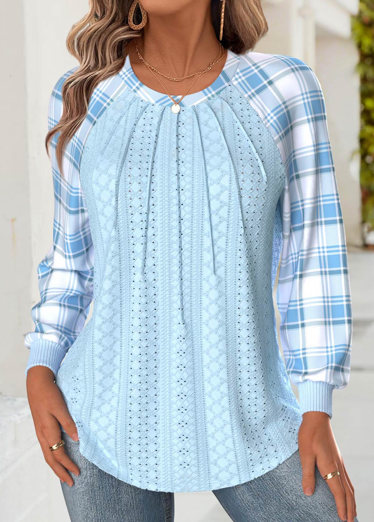 Light Blue tops,Plaid tops,Geometric tops,ROTITA Tummy Coverage Plaid Light Blue Round Neck Sweatshirt