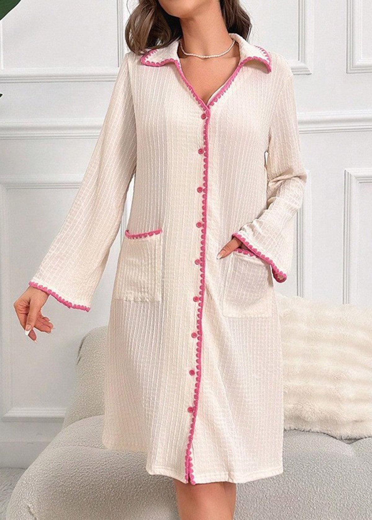 Beige loungewear,Contrast Color loungewear,Beige Turn Down Collar Long Sleeve Nightdress