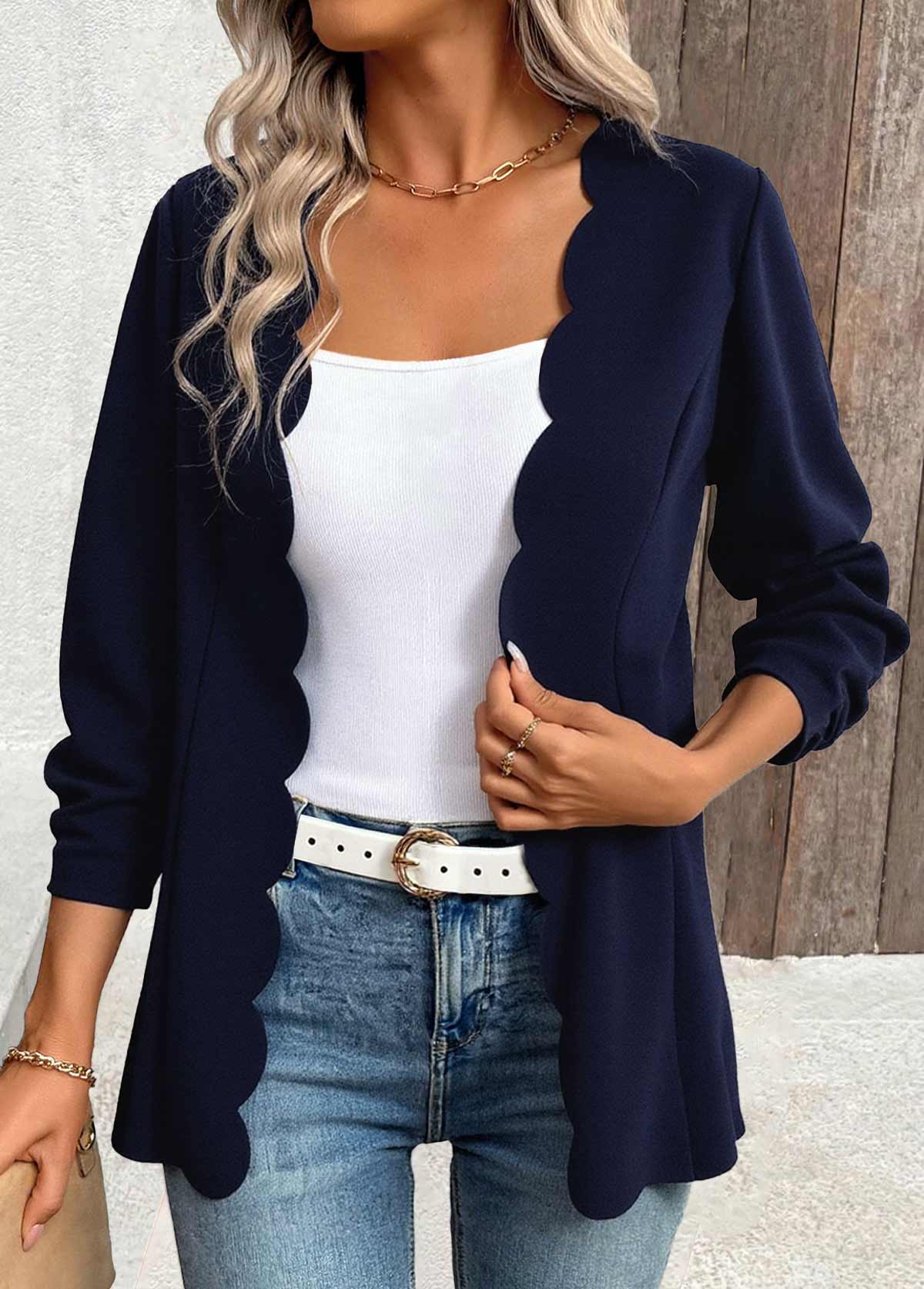 Navy tops,Plain Color tops,ROTITA Scalloped Hem Navy 3/4 Sleeve Light Cardigan