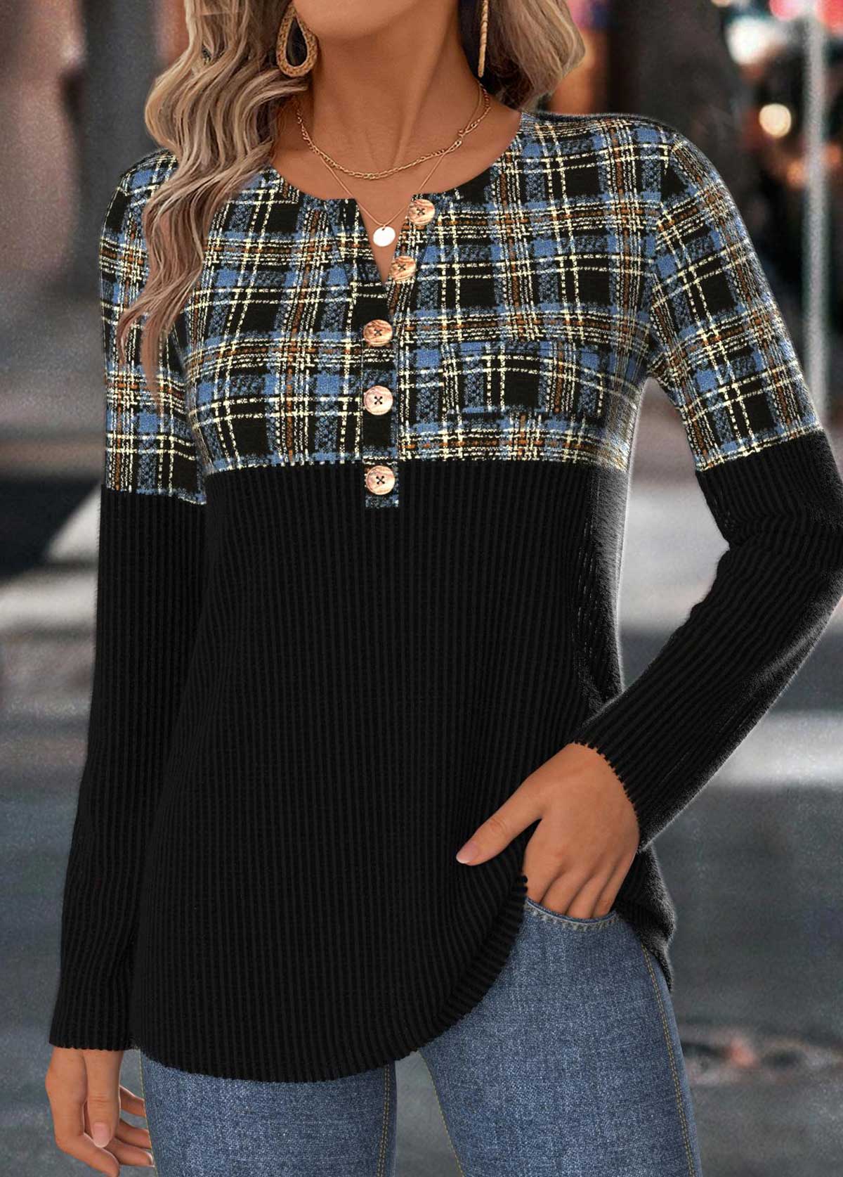Black tops,Plaid tops,Geometric tops,ROTITA Tummy Coverage Plaid Black Split Neck T Shirt