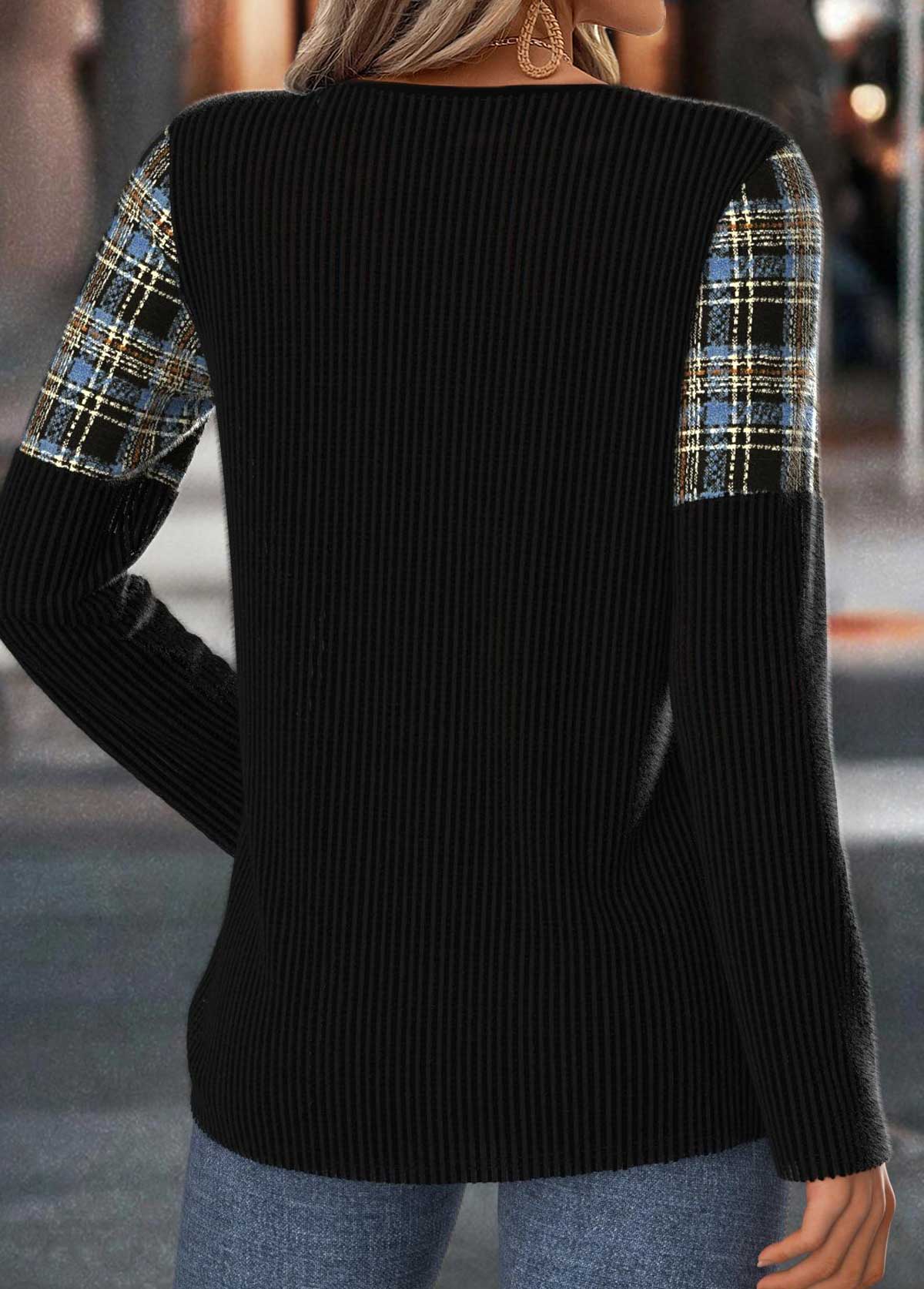 Black tops,Plaid tops,Geometric tops,ROTITA Tummy Coverage Plaid Black Split Neck T Shirt