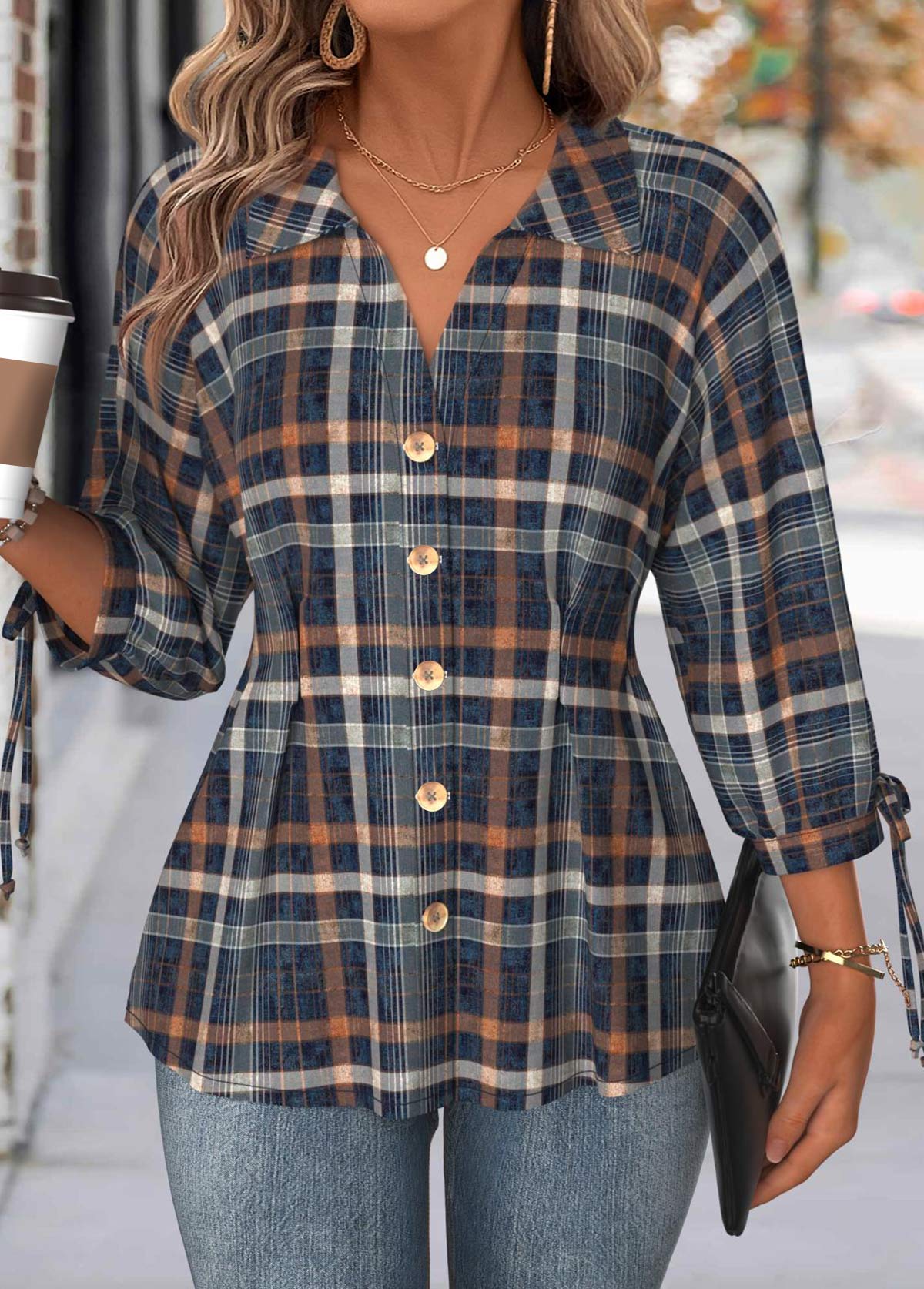 Multi Color tops,Plaid tops,Geometric tops,ROTITA Tummy Coverage Plaid Multi Color Turn Down Collar Blouse