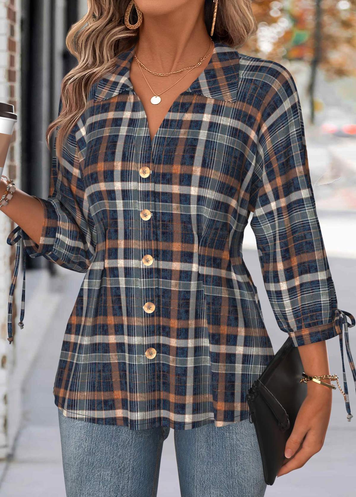 Multi Color tops,Plaid tops,Geometric tops,ROTITA Tummy Coverage Plaid Multi Color Turn Down Collar Blouse