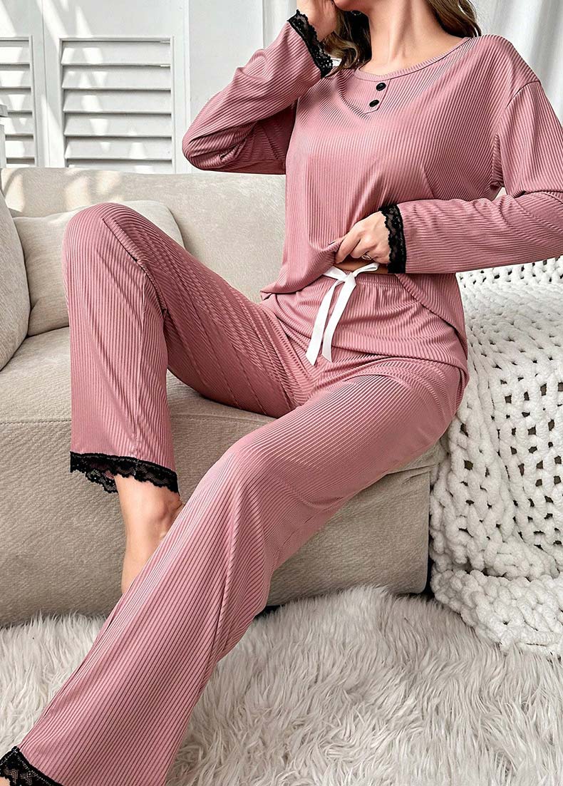 Pink loungewear,Plain Color loungewear,Pink Round Neck Long Sleeve Lounge Top and Pants