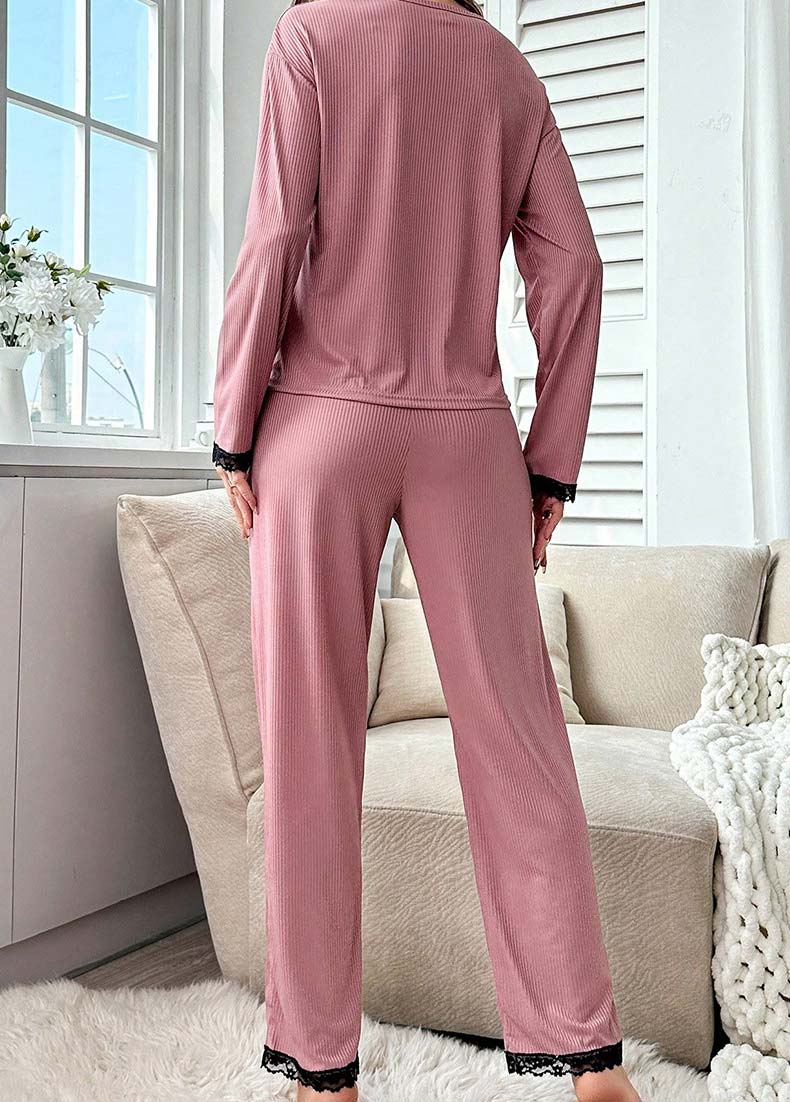 Pink loungewear,Plain Color loungewear,Pink Round Neck Long Sleeve Lounge Top and Pants