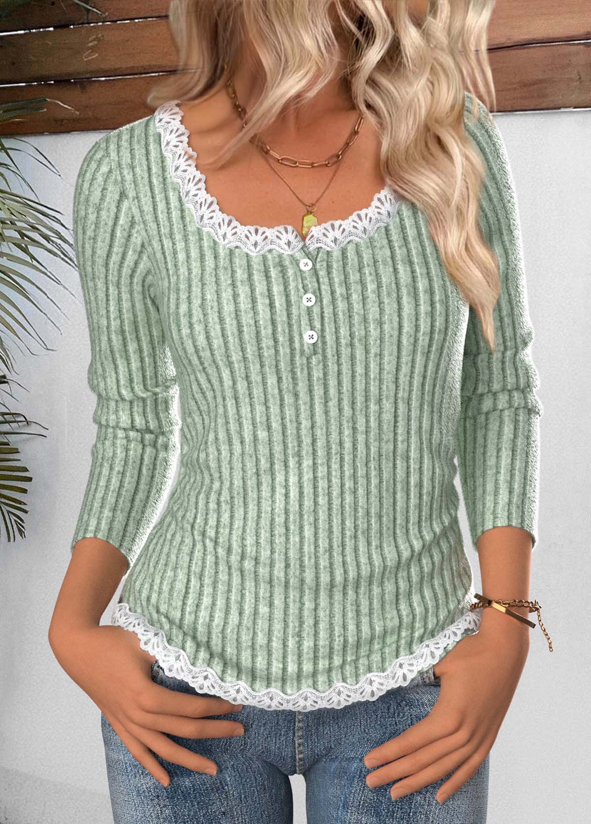 Sage Green tops,Contrast Color tops,ROTITA Tummy Coverage Sage Green Scoop Neck T Shirt