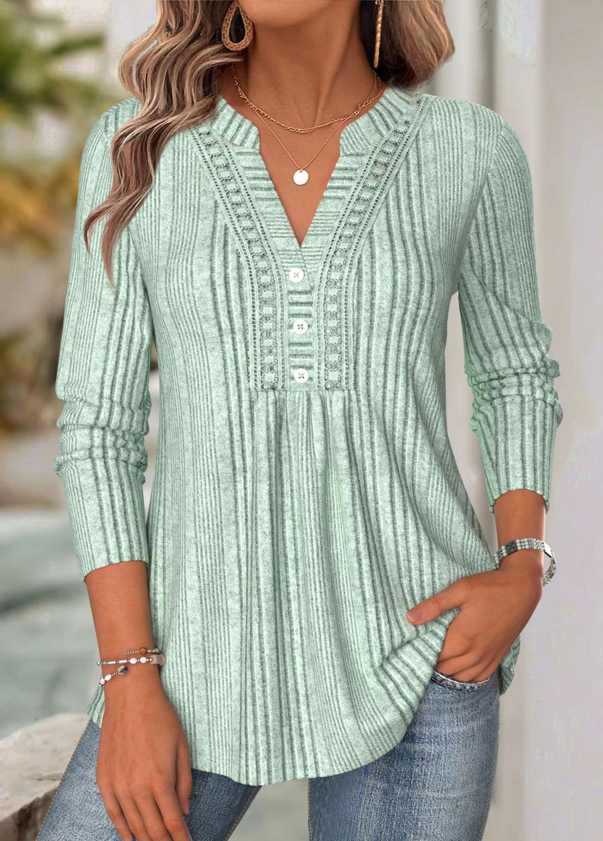 Sage Green tops,Plain Color tops,ROTITA Tummy Coverage Sage Green Split Neck T Shirt