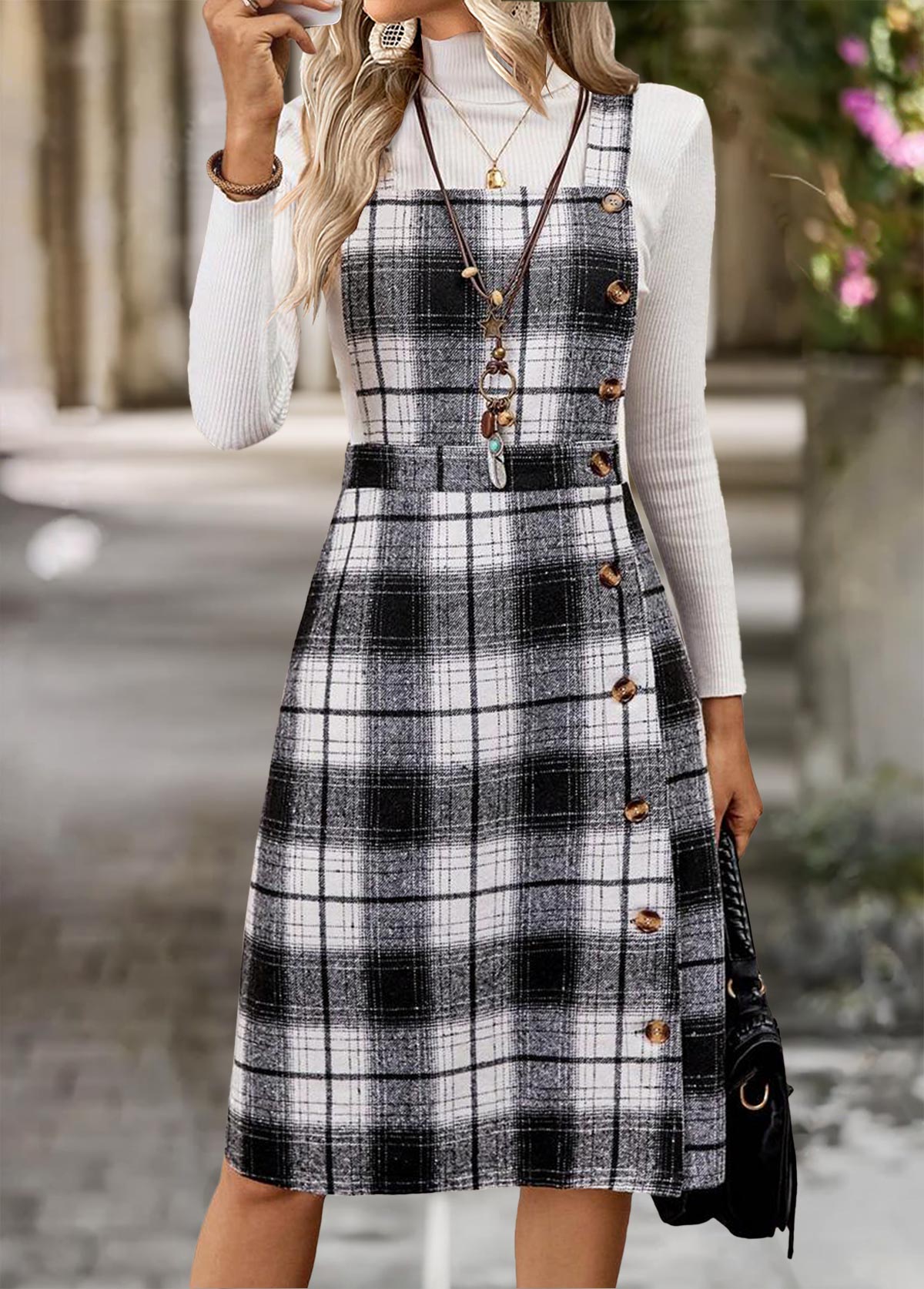 Black dresses,Plaid dresses,Geometric dresses,Everyday dresses,Casual dresses,ROTITA Tummy Coverage Plaid Black Sleeveless Tank Dress