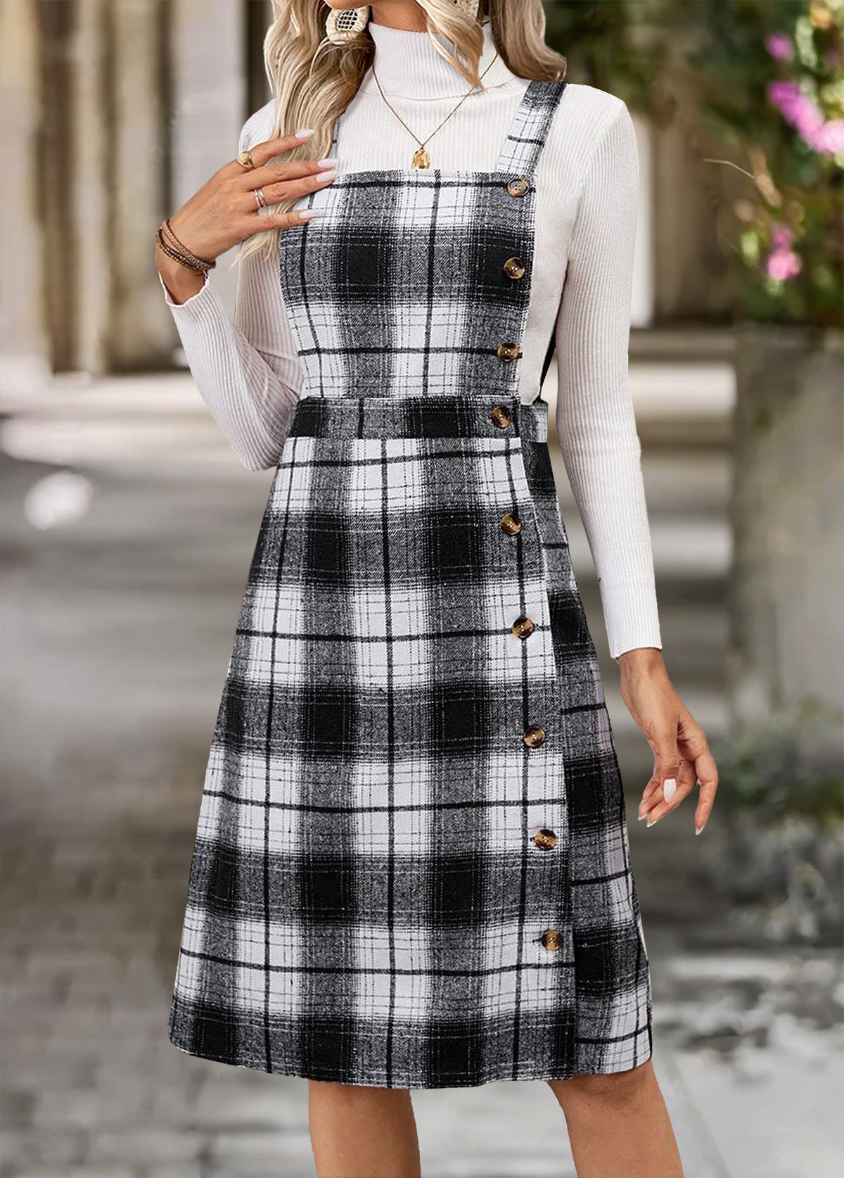 Black dresses,Plaid dresses,Geometric dresses,Everyday dresses,Casual dresses,ROTITA Tummy Coverage Plaid Black Sleeveless Tank Dress