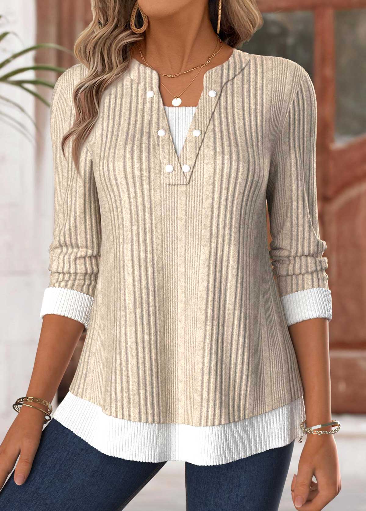Light Camel tops,Contrast Color tops,ROTITA Tummy Coverage Light Camel Split Neck T Shirt