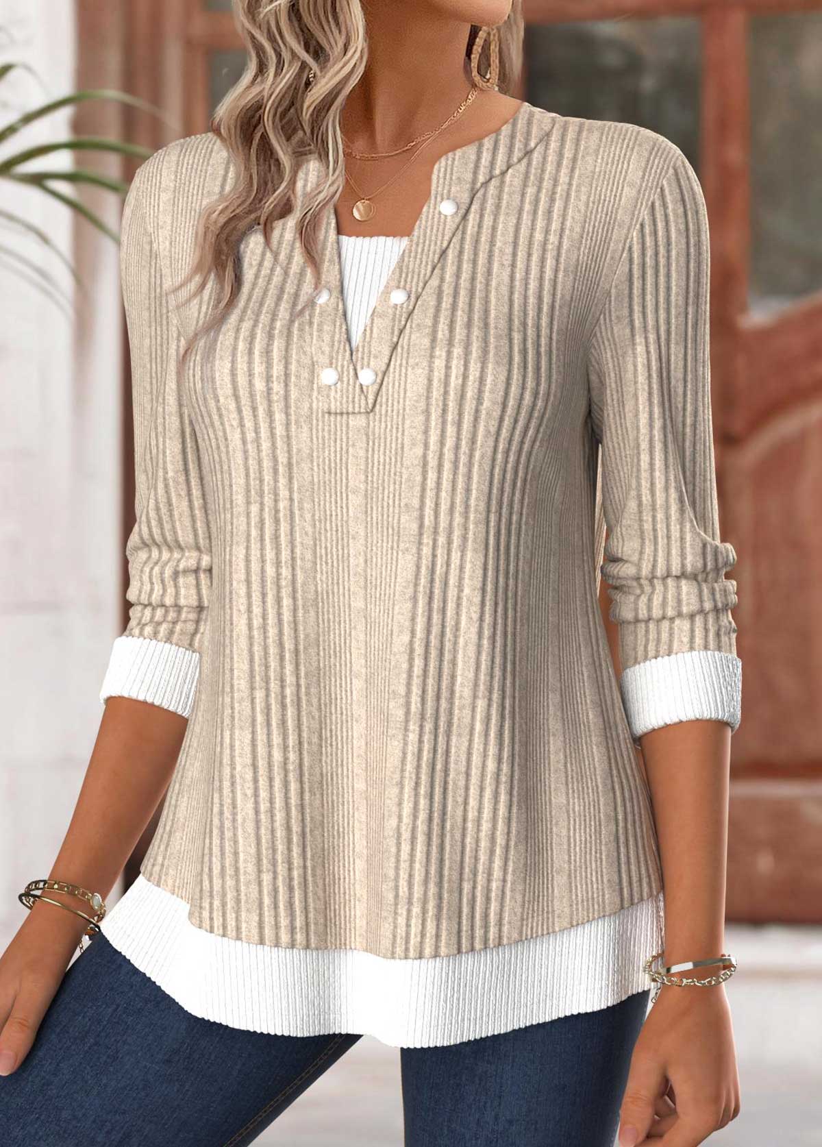 Light Camel tops,Contrast Color tops,ROTITA Tummy Coverage Light Camel Split Neck T Shirt
