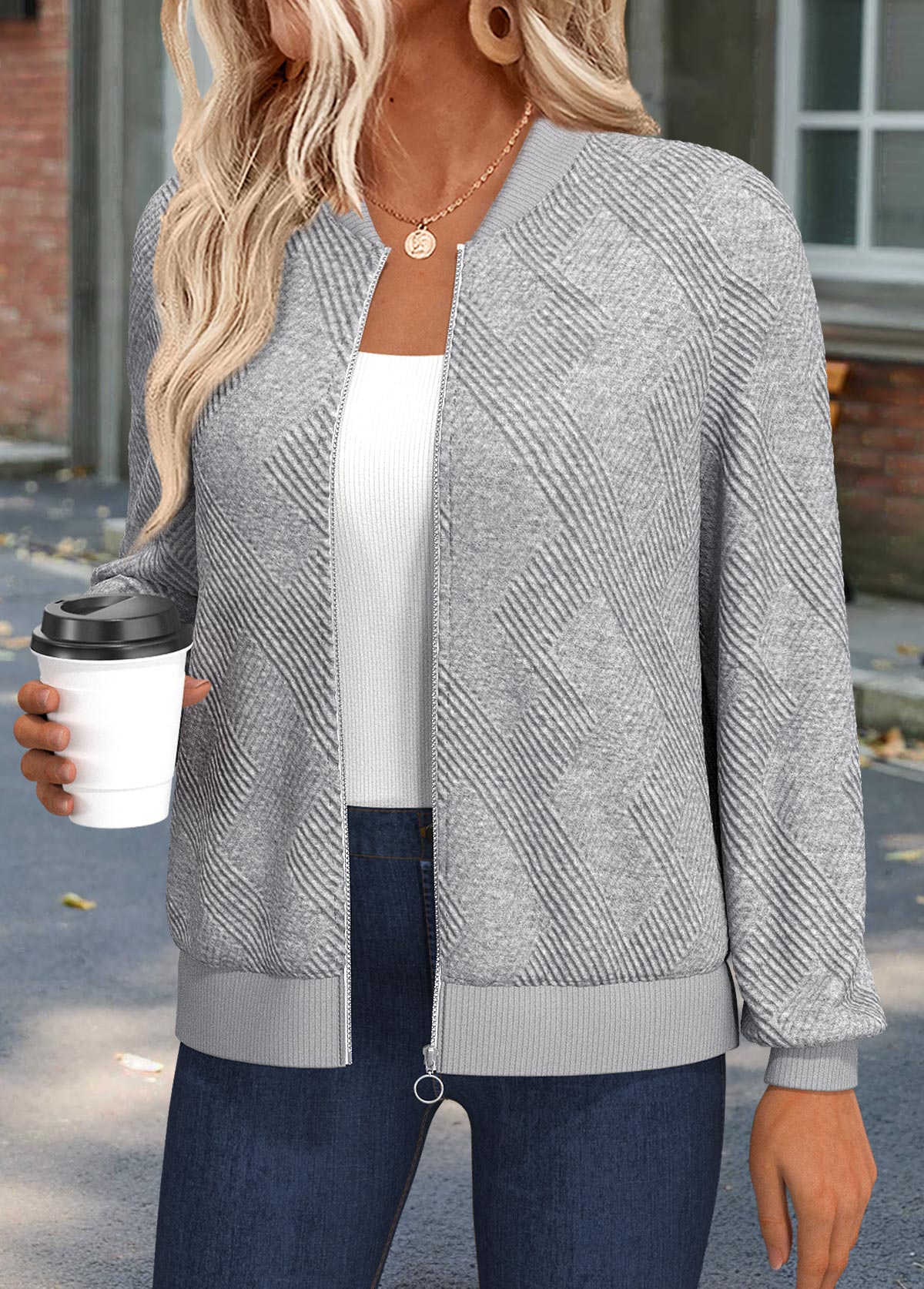 Light Grey Marl tops,Plain Color tops,ROTITA Tummy Coverage Light Grey Marl Stand Collar Track Jacket