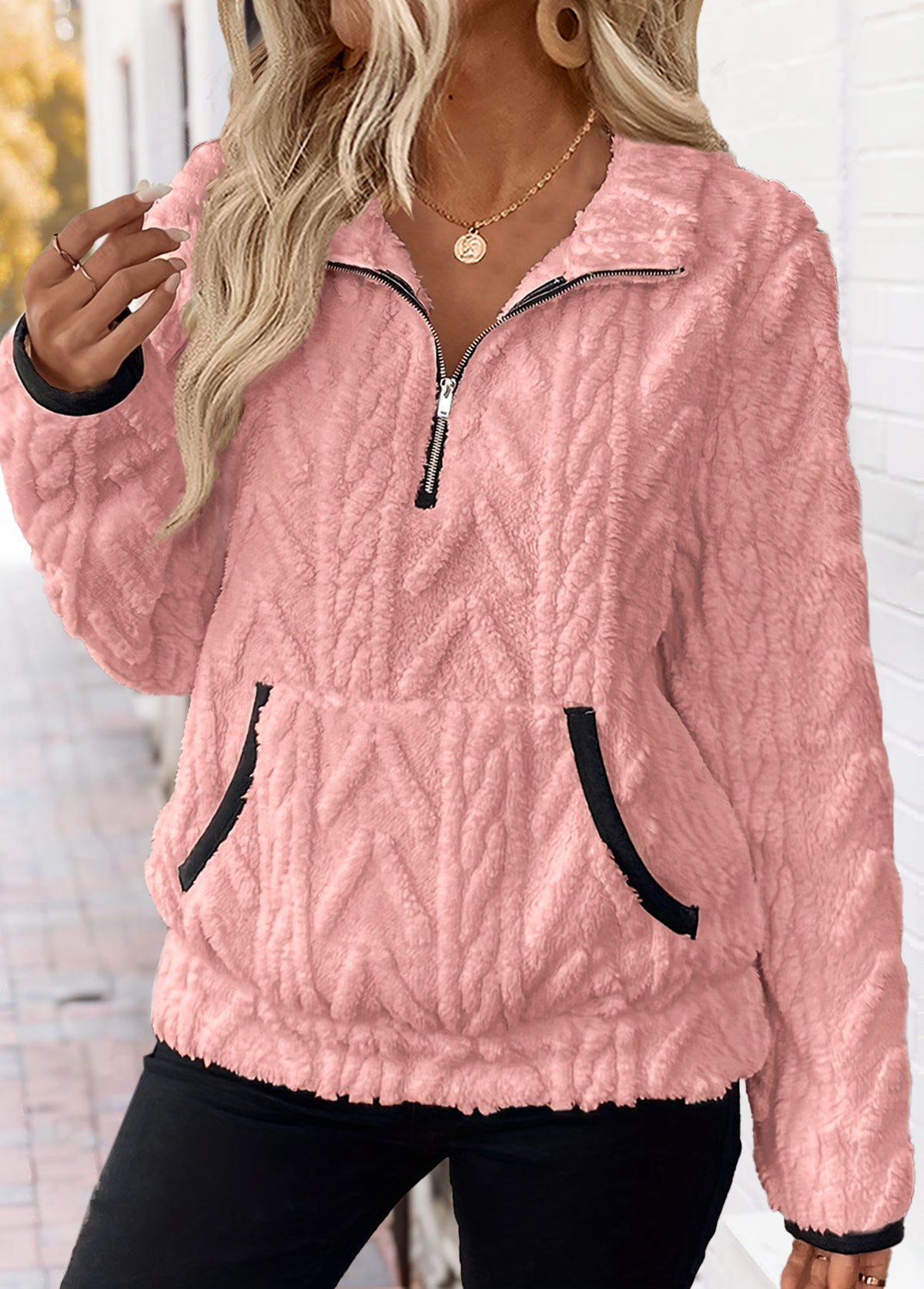 Pink tops,Plain Color tops,ROTITA Tummy Coverage Pink Turn Down Collar Long Sleeve Sweatshirt