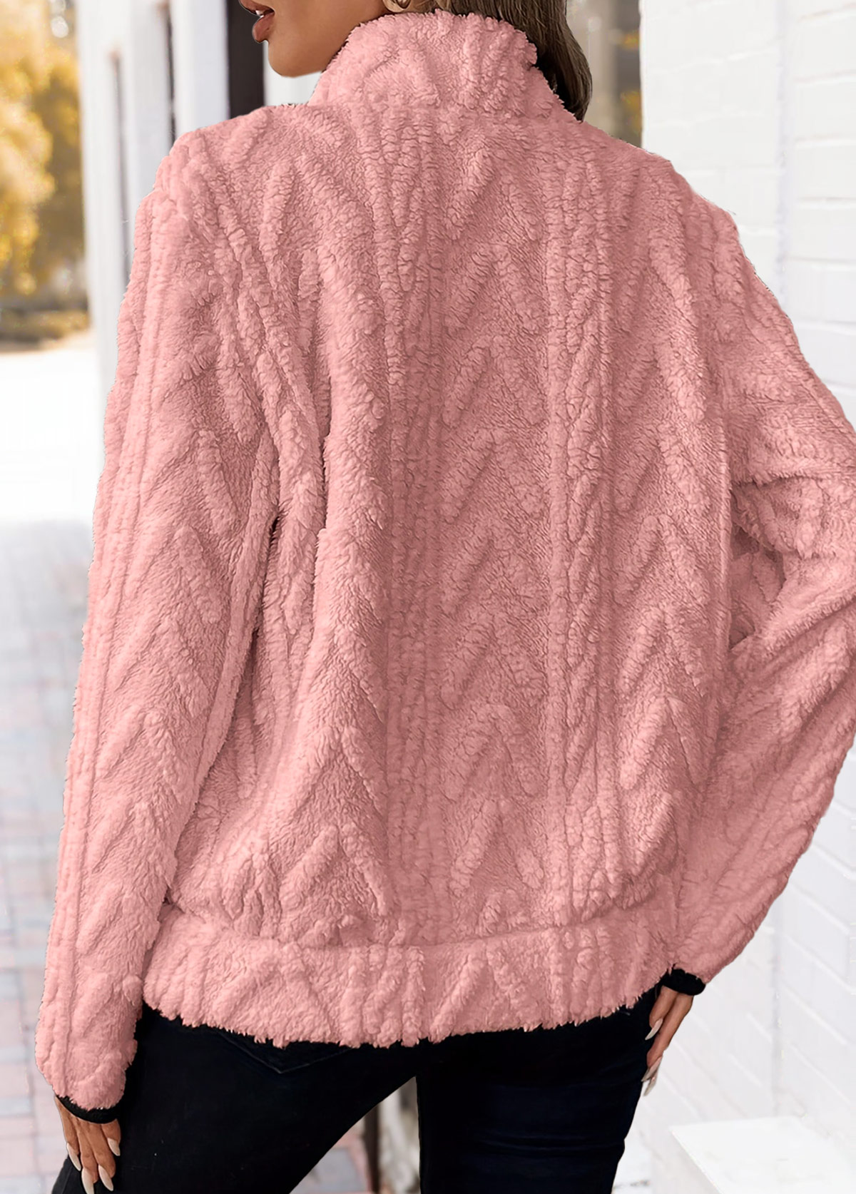 Pink tops,Plain Color tops,ROTITA Tummy Coverage Pink Turn Down Collar Long Sleeve Sweatshirt
