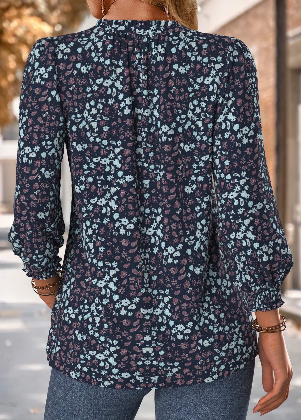 Navy tops,Floral tops,Plants tops,ROTITA Frill Floral Print Navy V Neck Long Sleeve Blouse