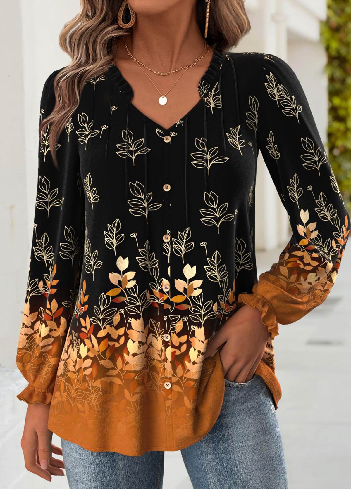 Black tops,Plants tops,ROTITA Tummy Coverage Leaf Print Black V Neck Blouse