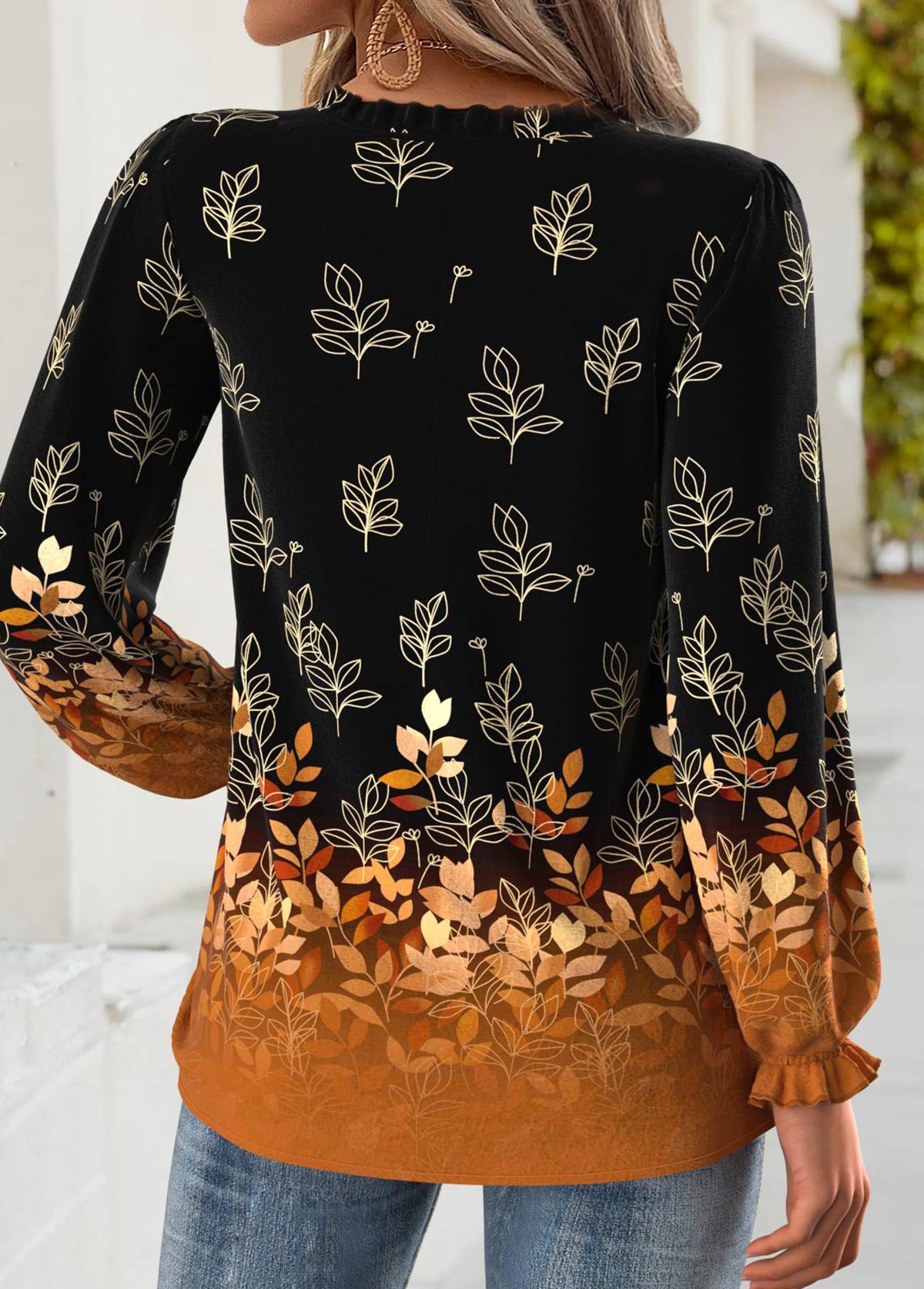 Black tops,Plants tops,ROTITA Tummy Coverage Leaf Print Black V Neck Blouse