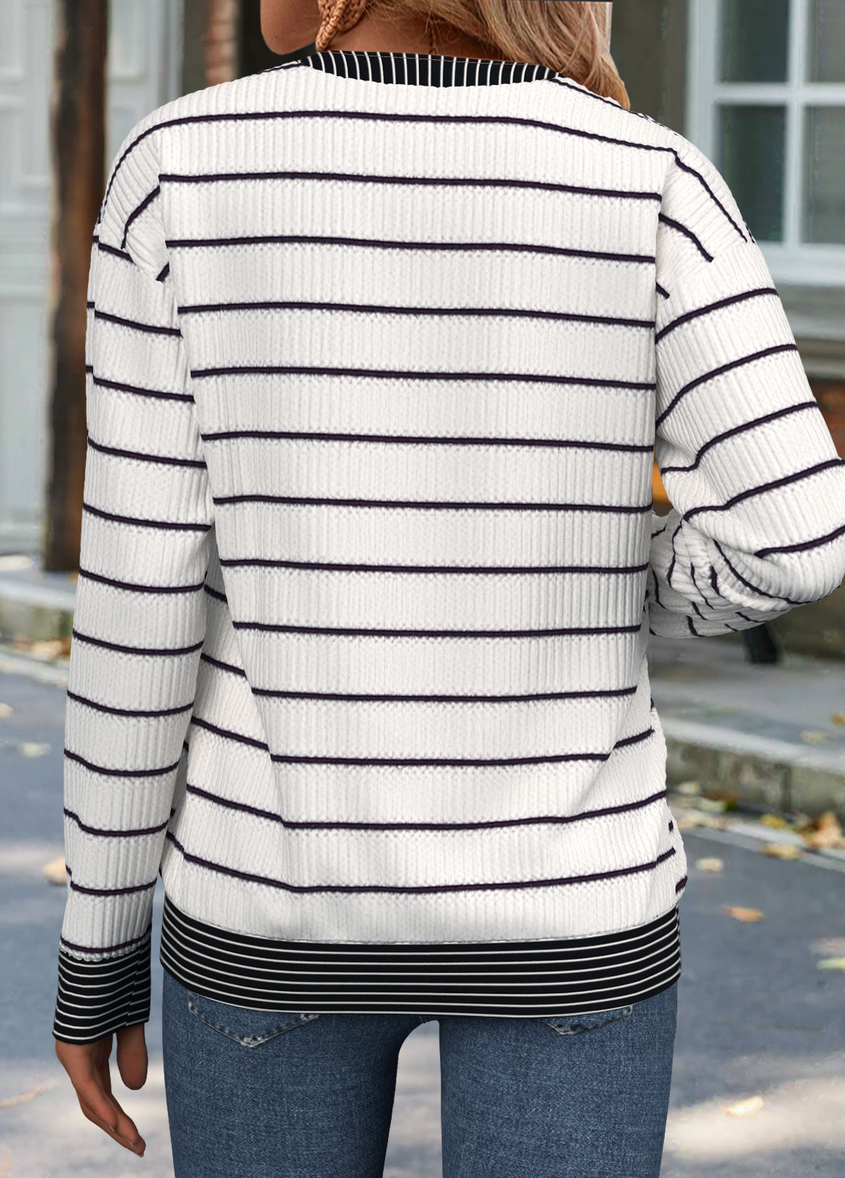 Raw white tops,Striped tops,Geometric tops,ROTITA Patchwork Striped Raw White Round Neck Long Sleeve Sweatshirt