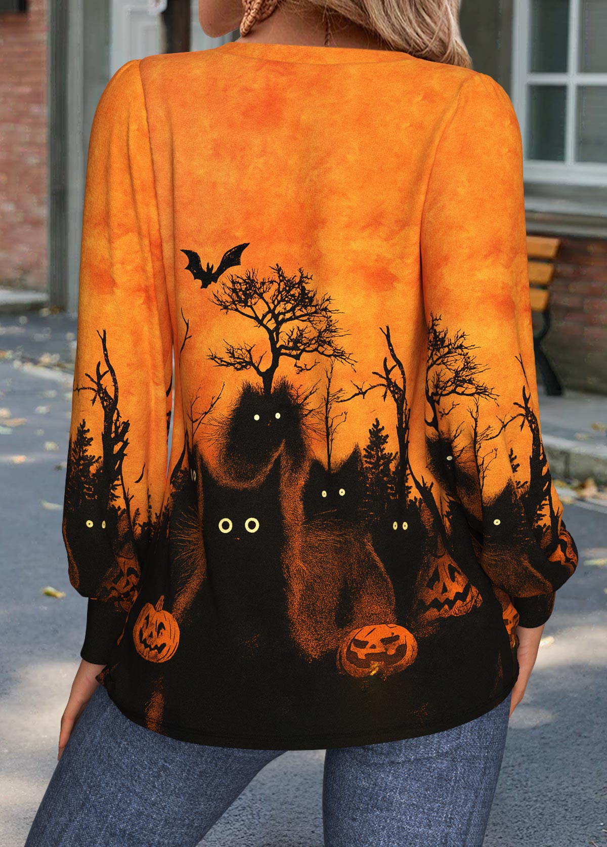 Orange tops,Halloween tops,ROTITA Halloween Tuck Stitch Orange V Neck T Shirt