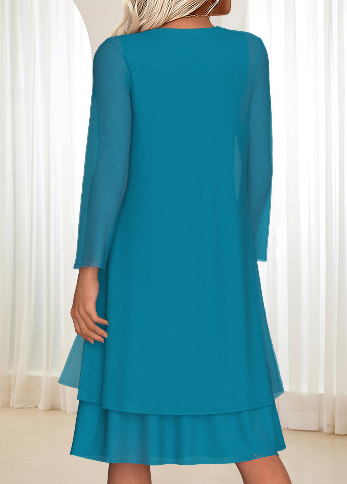 Turquoise dresses,Plain Color dresses,Everyday dresses,Casual dresses,ROTITA Tummy Coverage Turquoise Round Neck Dress and Cardigan