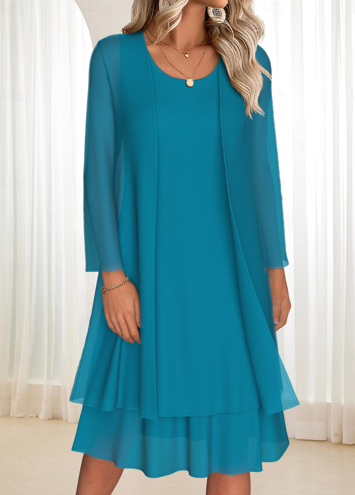 Turquoise dresses,Plain Color dresses,Everyday dresses,Casual dresses,ROTITA Tummy Coverage Turquoise Round Neck Dress and Cardigan