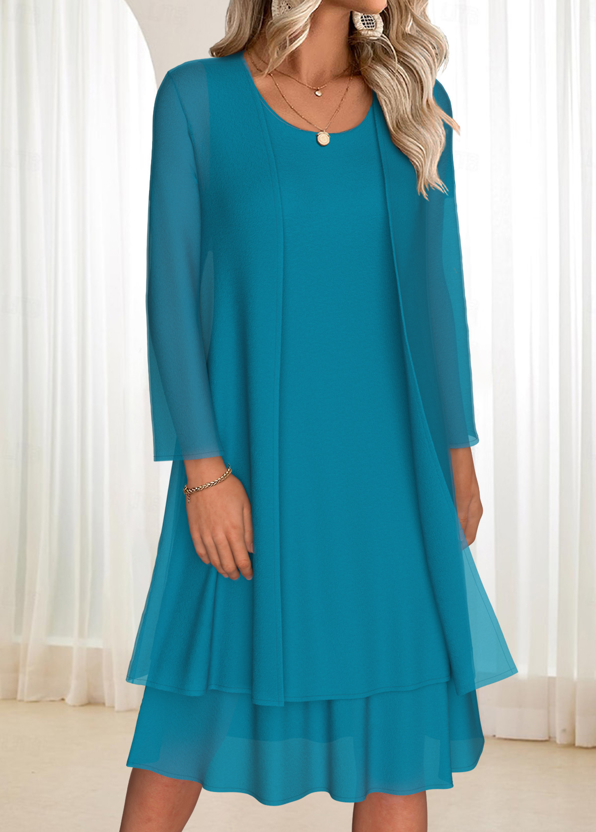 Turquoise dresses,Plain Color dresses,Everyday dresses,Casual dresses,ROTITA Tummy Coverage Turquoise Round Neck Dress and Cardigan