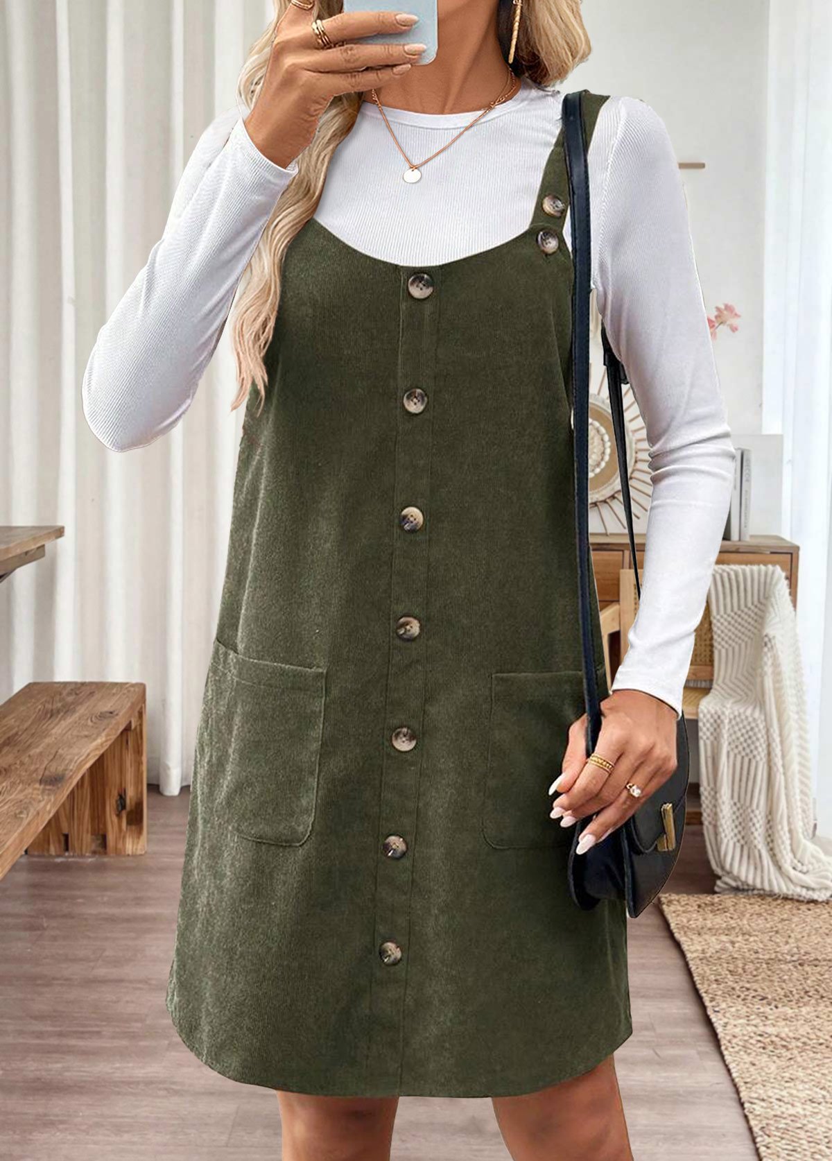 Olive Green dresses,Plain Color dresses,Everyday dresses,Casual dresses,ROTITA Tummy Coverage Olive Green Short Round Neck Tank Dress