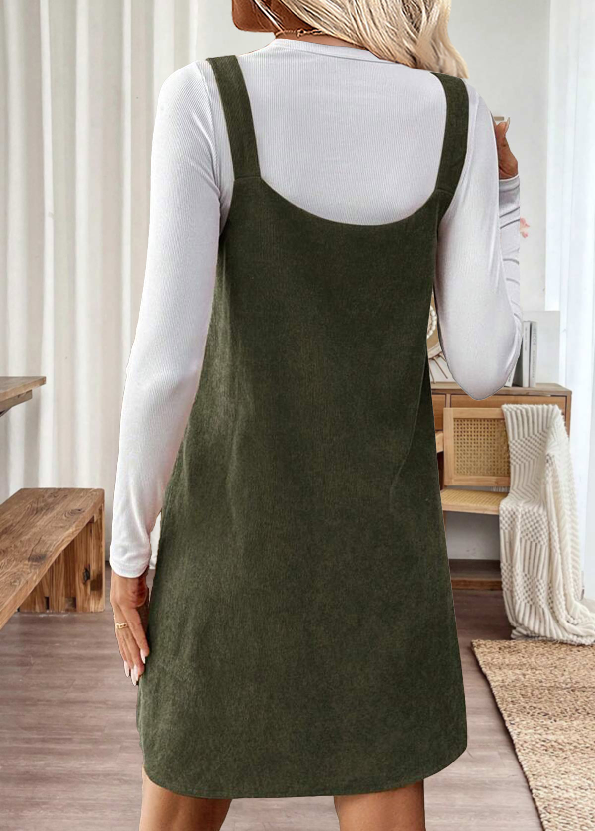 Olive Green dresses,Plain Color dresses,Everyday dresses,Casual dresses,ROTITA Tummy Coverage Olive Green Short Round Neck Tank Dress