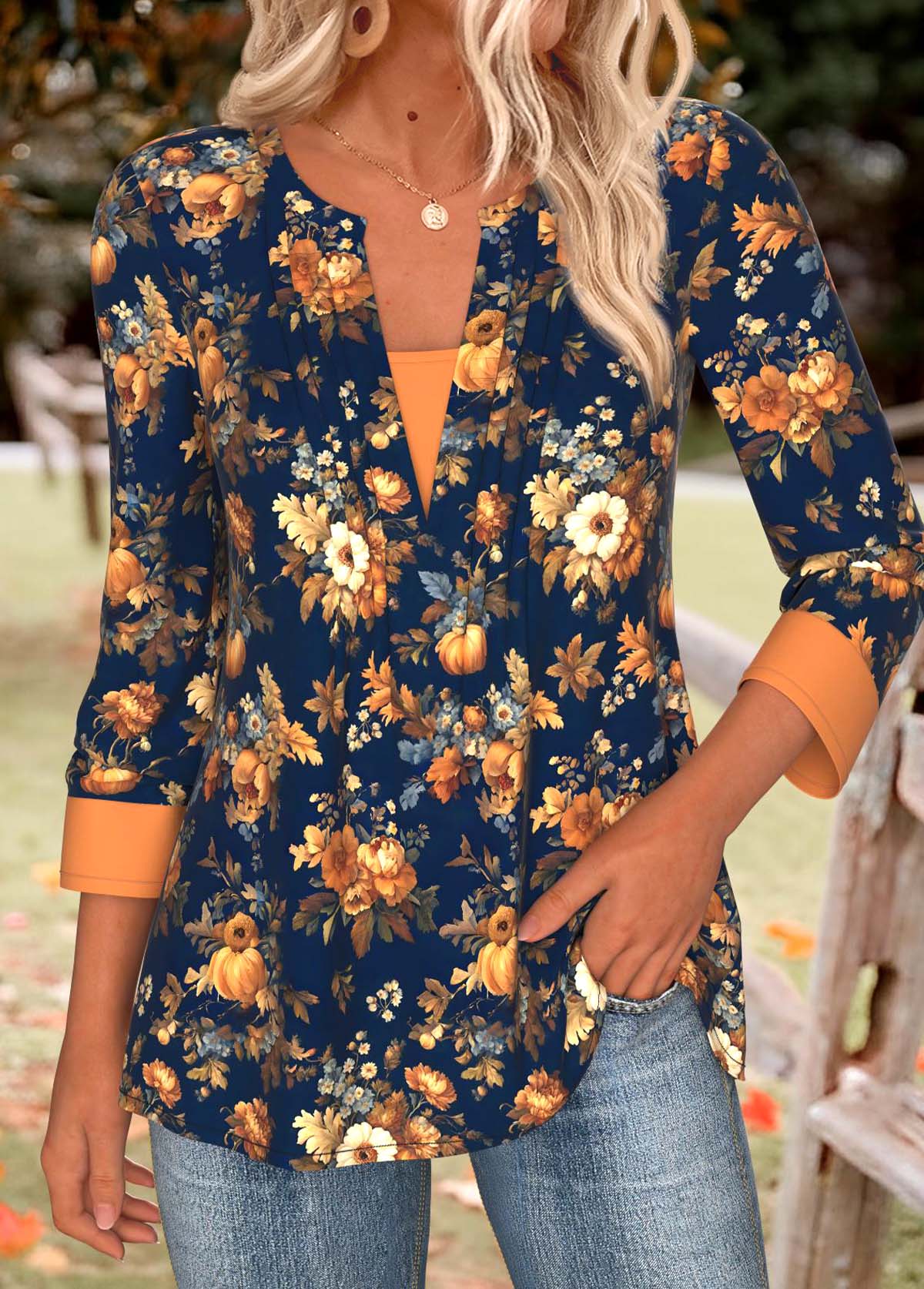 Navy tops,Halloween tops,ROTITA Tummy Coverage Pumpkin Print Navy Split Neck T Shirt