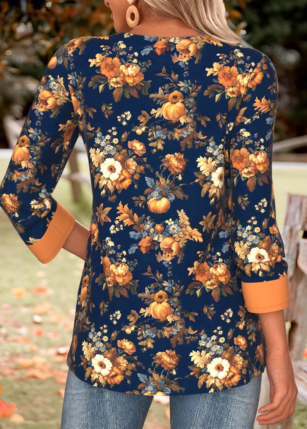 Navy tops,Halloween tops,ROTITA Tummy Coverage Pumpkin Print Navy Split Neck T Shirt