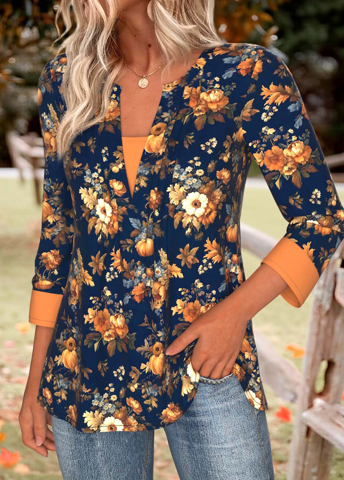 Navy tops,Halloween tops,ROTITA Tummy Coverage Pumpkin Print Navy Split Neck T Shirt