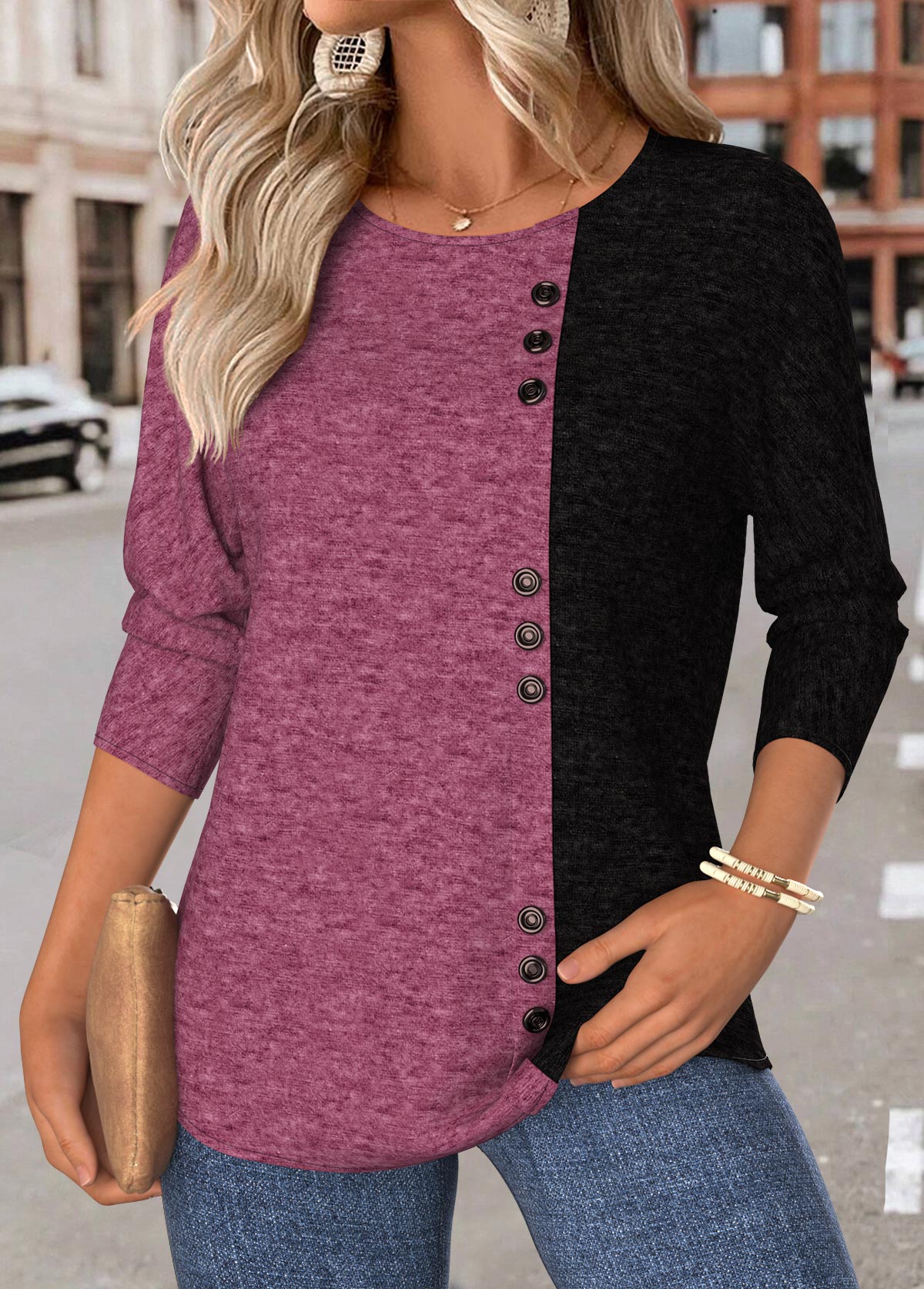 Dark Reddish Purple tops,Plain Color tops,ROTITA Tummy Coverage Dark Reddish Purple Round Neck T Shirt
