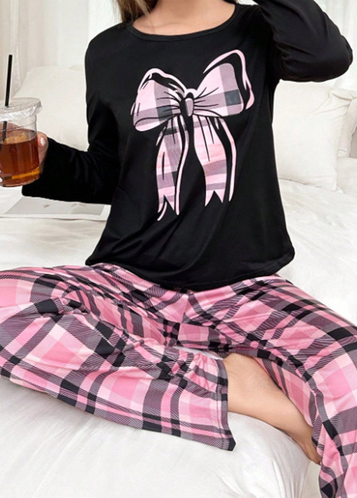Black loungewear,Plaid loungewear,Geometric loungewear,Plaid Black Round Neck Lounge Top and Pants