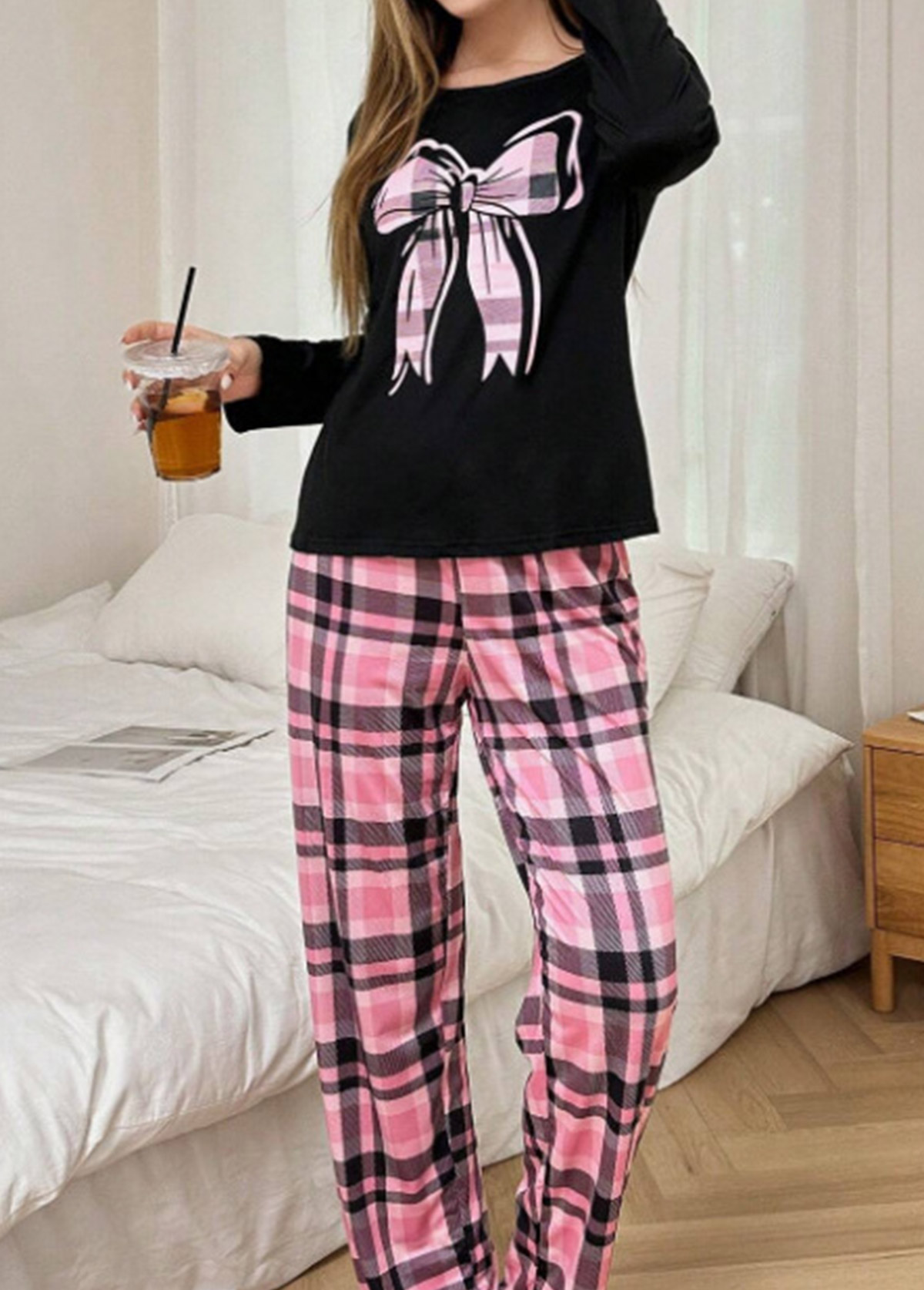 Black loungewear,Plaid loungewear,Geometric loungewear,Plaid Black Round Neck Lounge Top and Pants