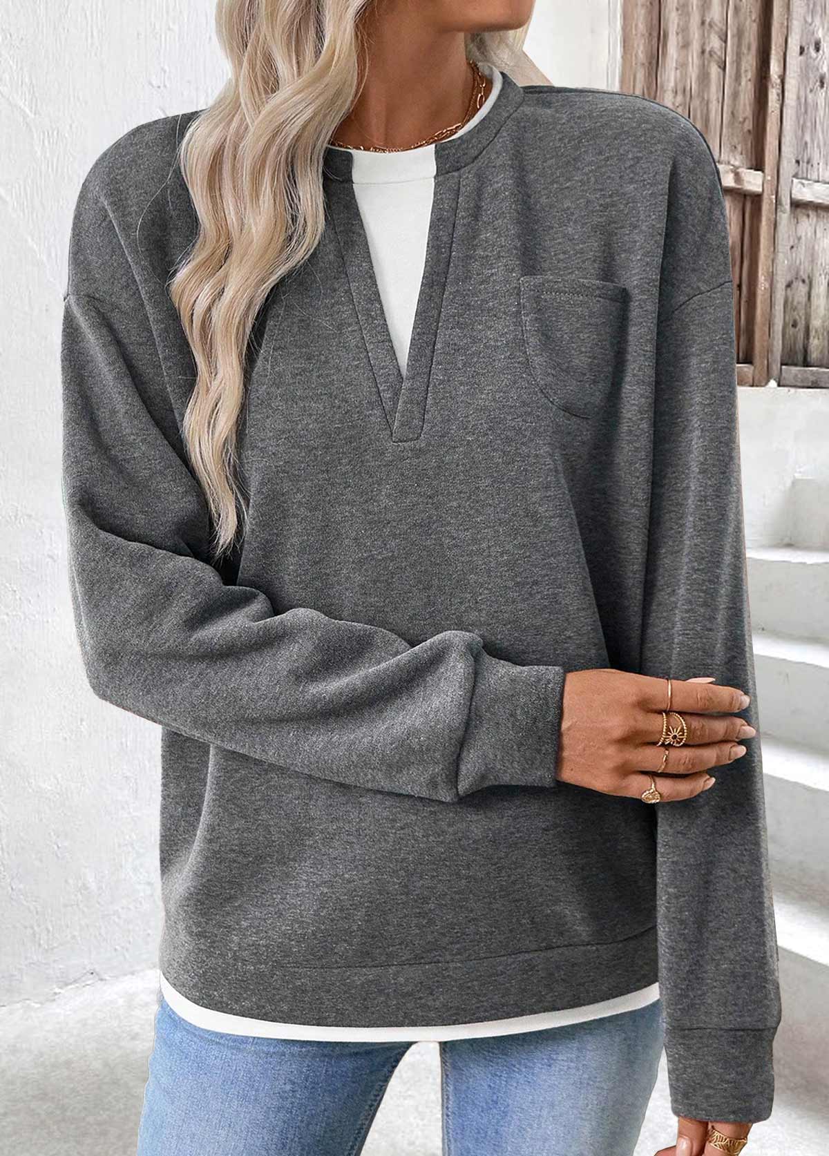 Grey tops,Contrast Color tops,ROTITA Fake 2in1 Grey Round Neck Long Sleeve Sweatshirt