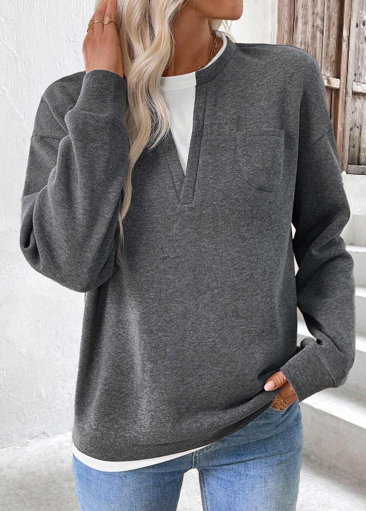 Grey tops,Contrast Color tops,ROTITA Fake 2in1 Grey Round Neck Long Sleeve Sweatshirt