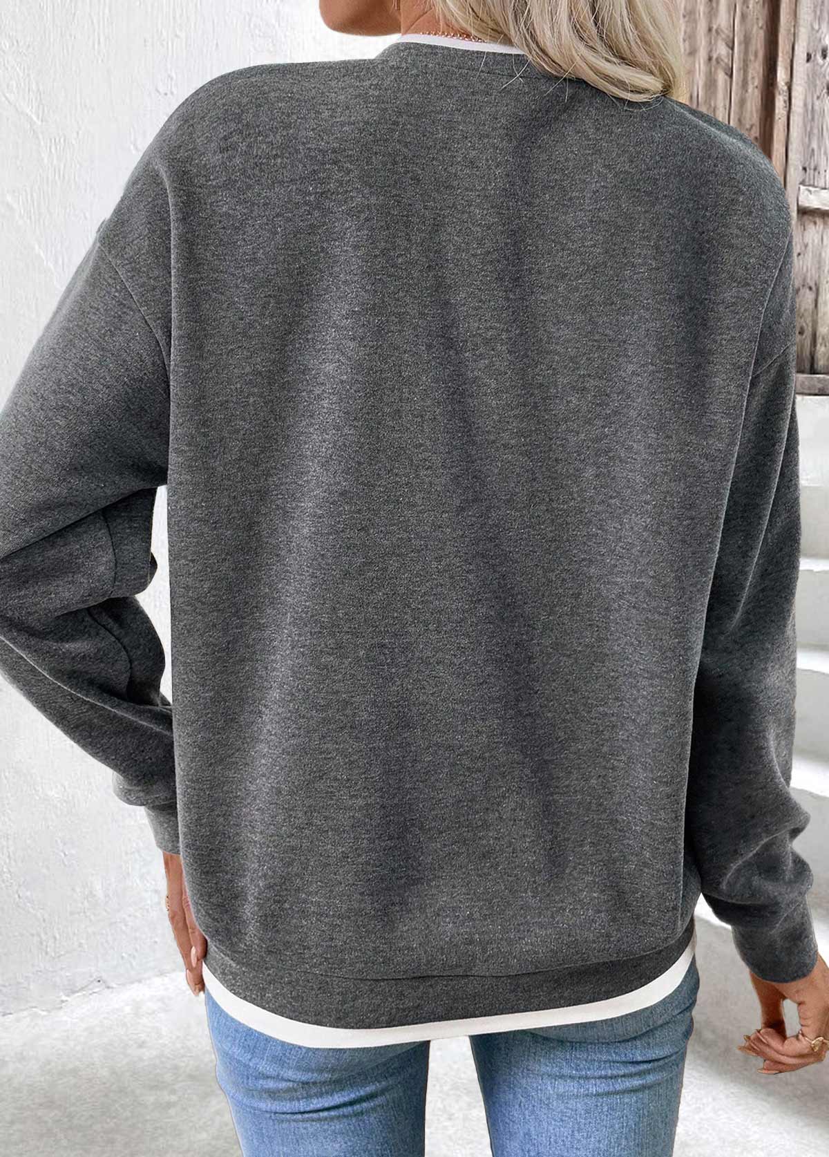 Grey tops,Contrast Color tops,ROTITA Fake 2in1 Grey Round Neck Long Sleeve Sweatshirt
