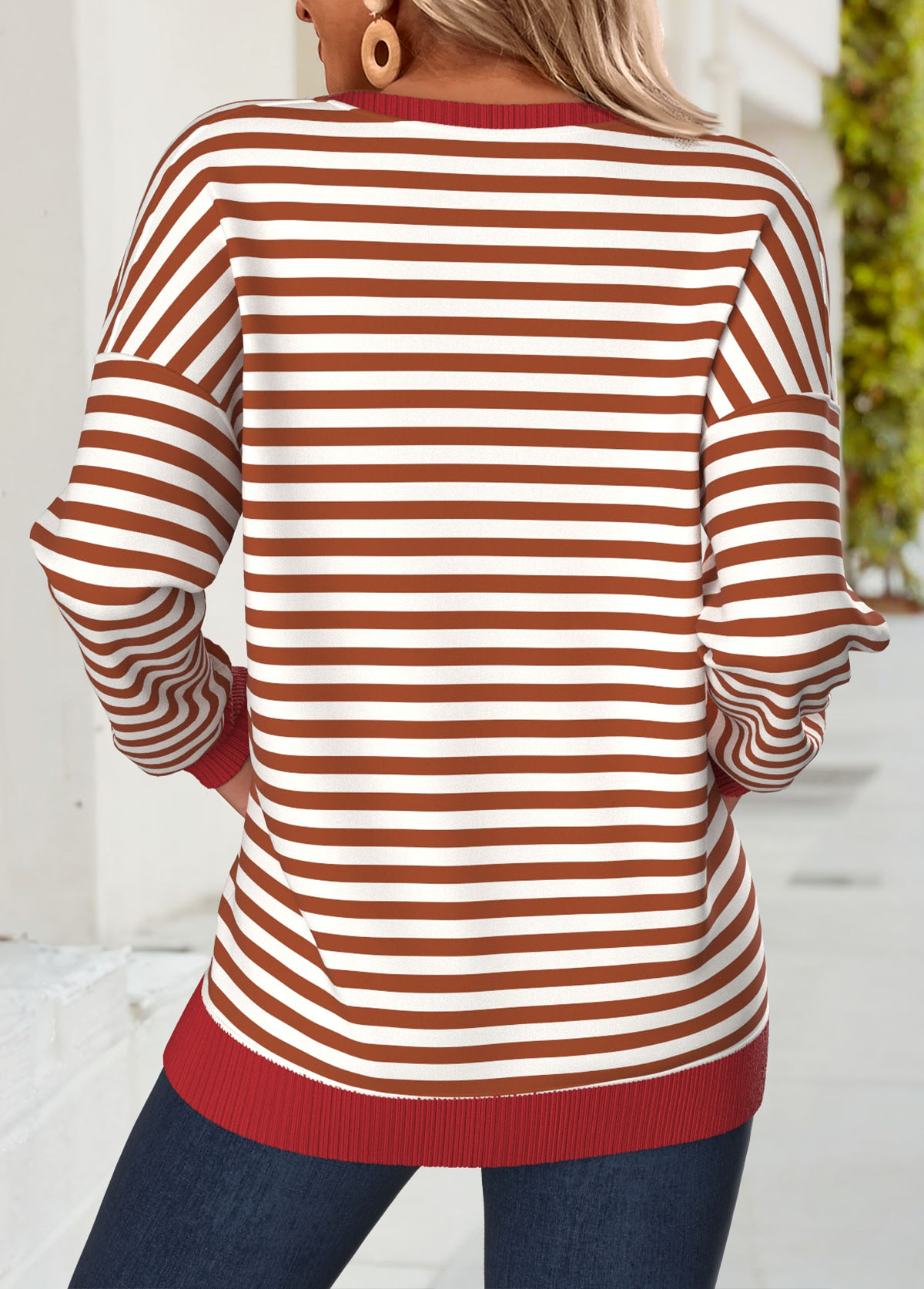Red tops,Striped tops,Geometric tops,ROTITA Tummy Coverage Striped Red Round Neck Long Sleeve Sweatshirt