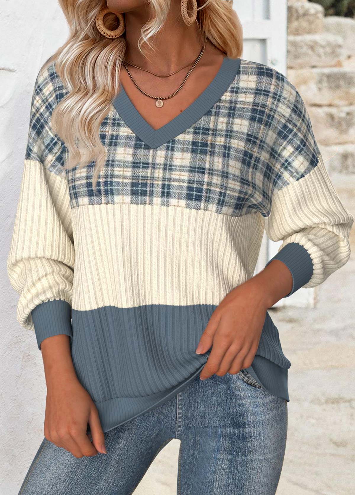 Multi Color tops,Plaid tops,Geometric tops,ROTITA Tummy Coverage Plaid Multi Color V Neck Sweatshirt