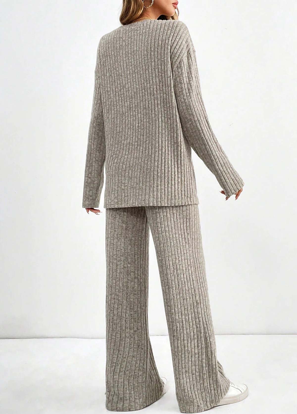 Light Coffee loungewear,Plain Color loungewear,Light Coffee Round Neck Lounge Top and Pants