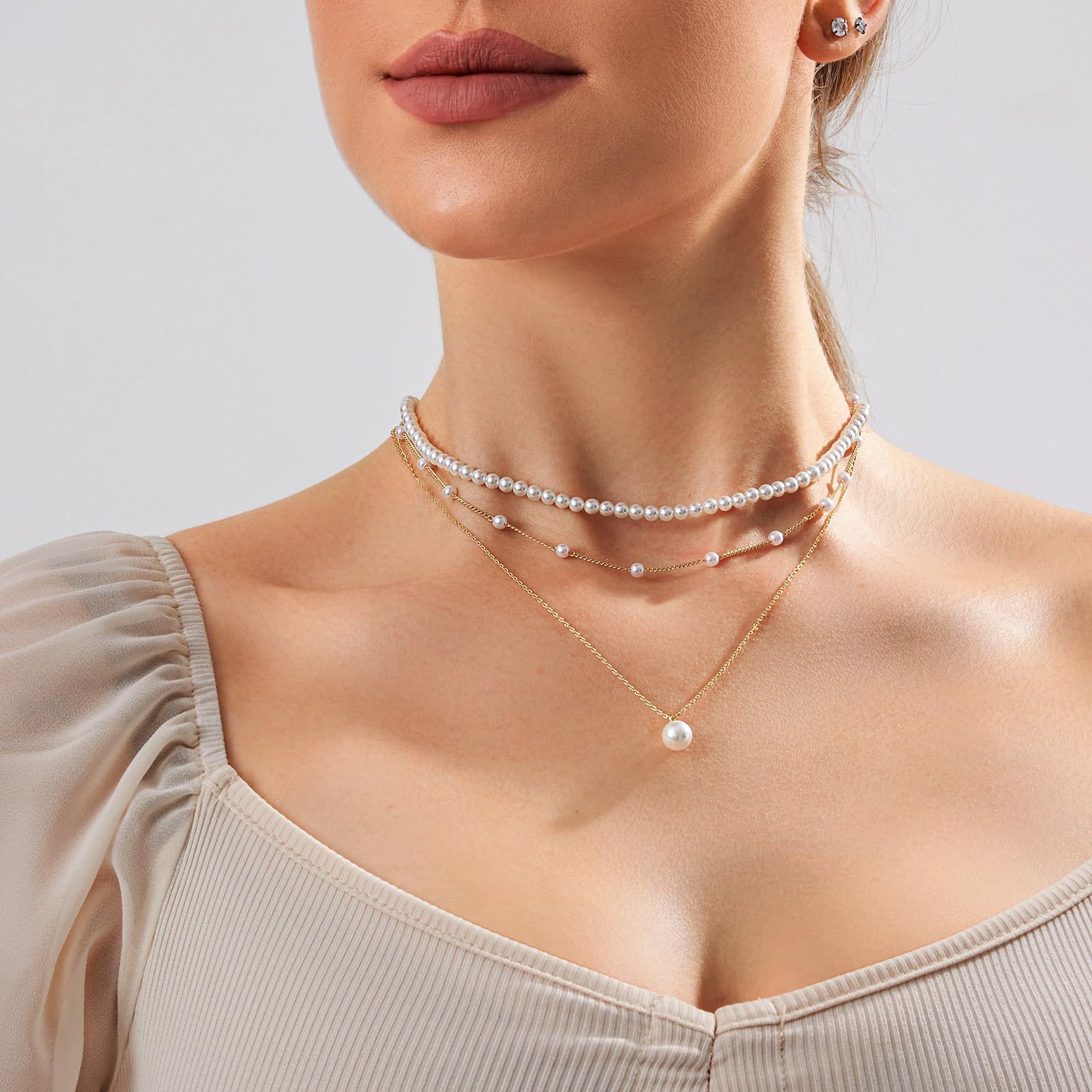 Golden jewelry,Golden Color Pearl Detail Layered Necklace