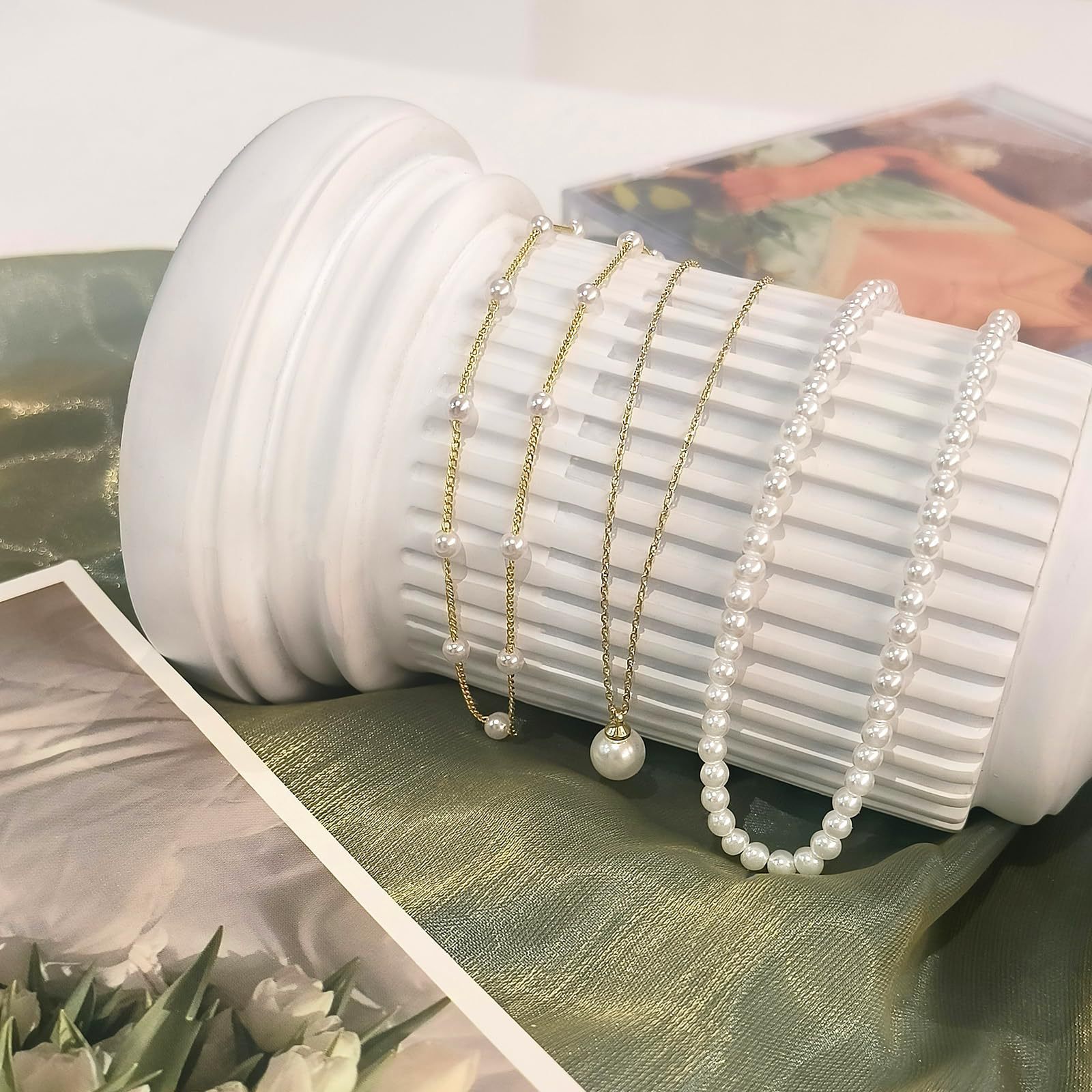 Golden jewelry,Golden Color Pearl Detail Layered Necklace