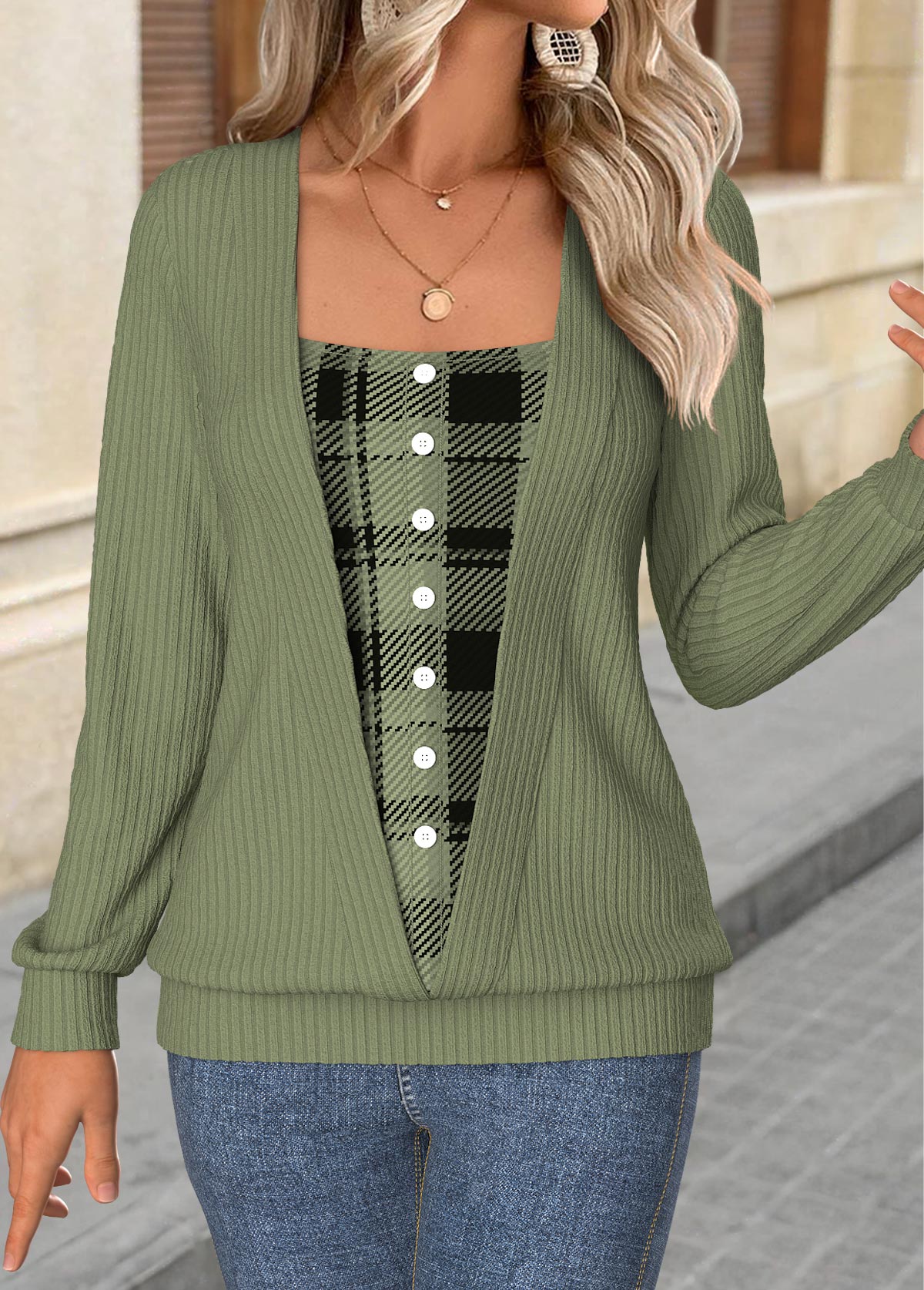 Sage Green tops,Plaid tops,Geometric tops,ROTITA Tummy Coverage Plaid Sage Green Long Sleeve T Shirt