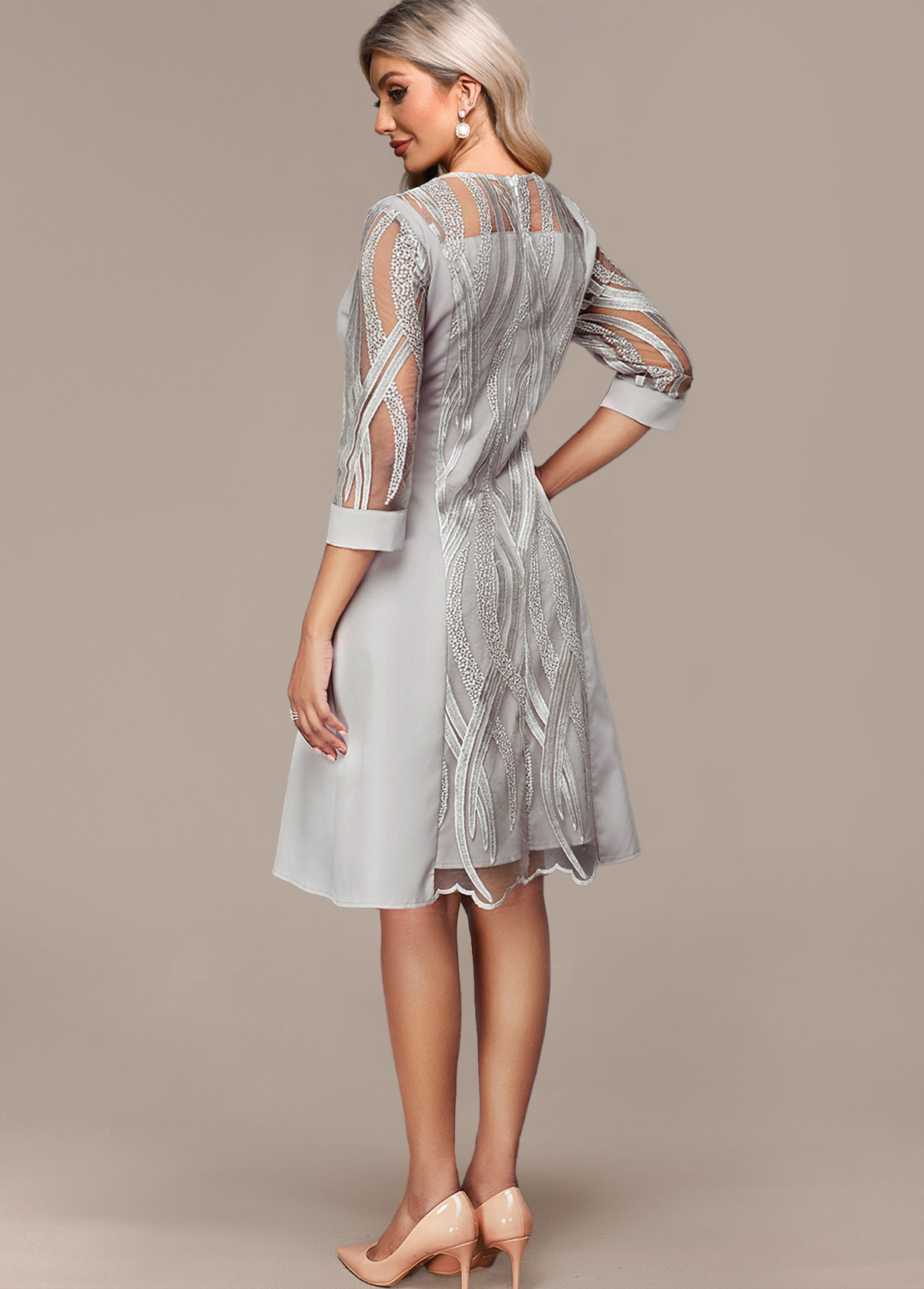 Light Grey dresses,Plain Color dresses,Everyday dresses,Elegant dresses,ROTITA Tummy Coverage Light Grey Round Neck 3/4 Sleeve Dress